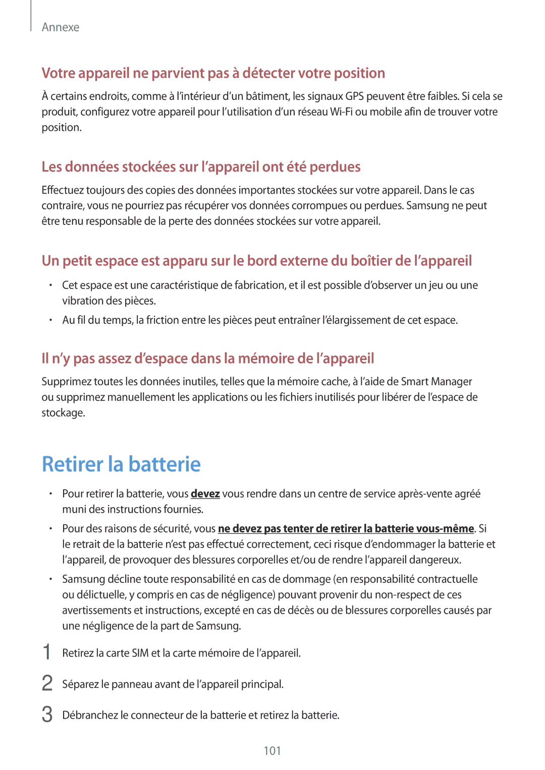 Samsung SM-T585NZWAXEF, SM-T585NZKEXEF manual Retirer la batterie, Votre appareil ne parvient pas à détecter votre position 