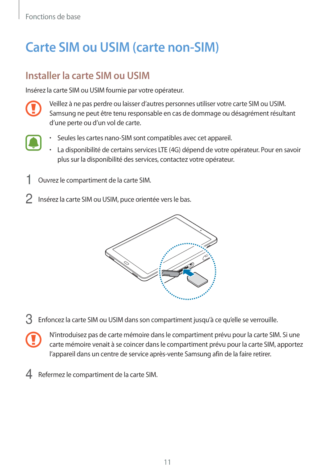 Samsung SM-T585NZWAXEF, SM-T585NZKEXEF, SM-T585NZWEXEF manual Carte SIM ou Usim carte non-SIM, Installer la carte SIM ou Usim 