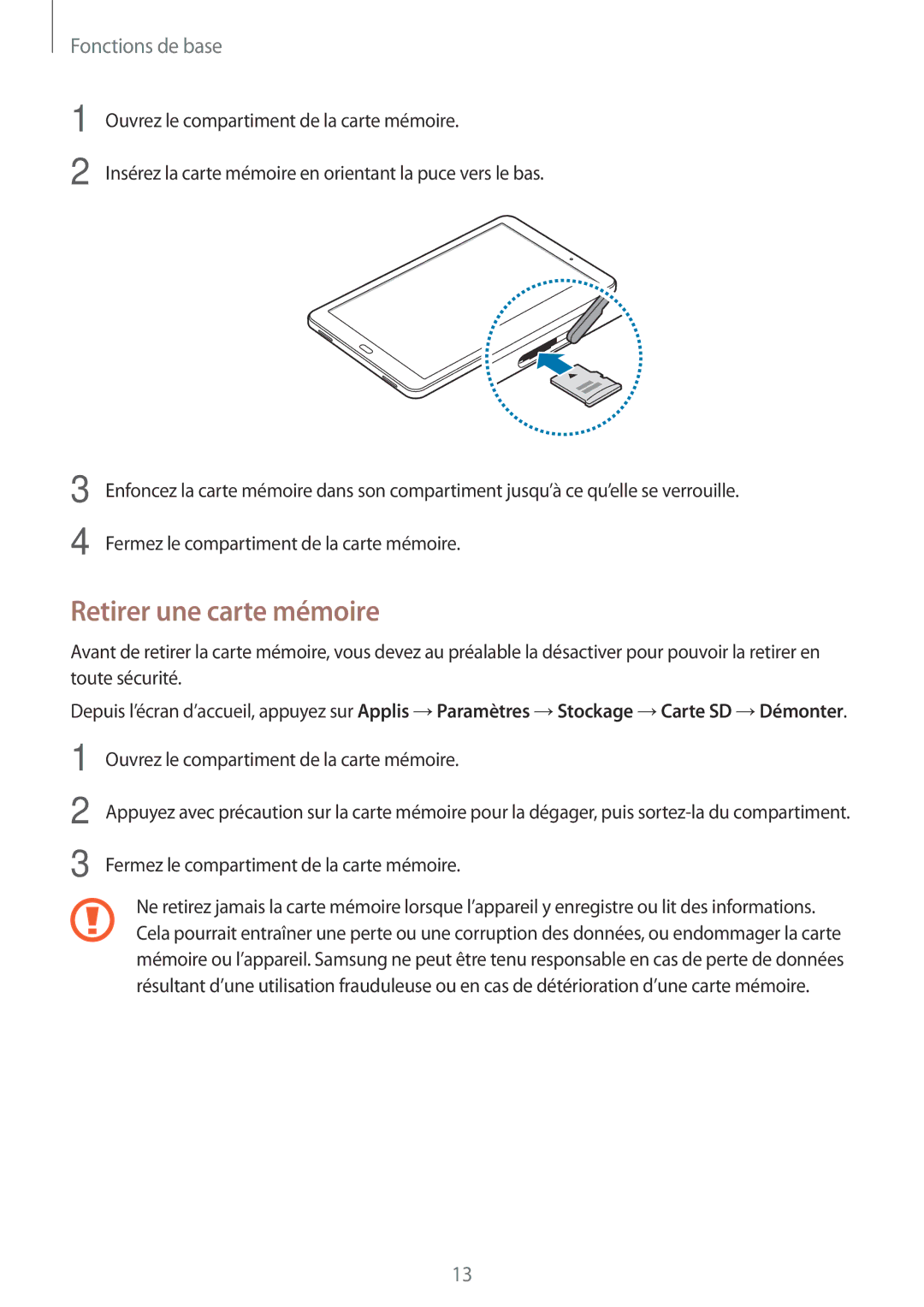 Samsung SM-T585NZWEXEF, SM-T585NZKEXEF, SM-T585NZWAXEF manual Retirer une carte mémoire 