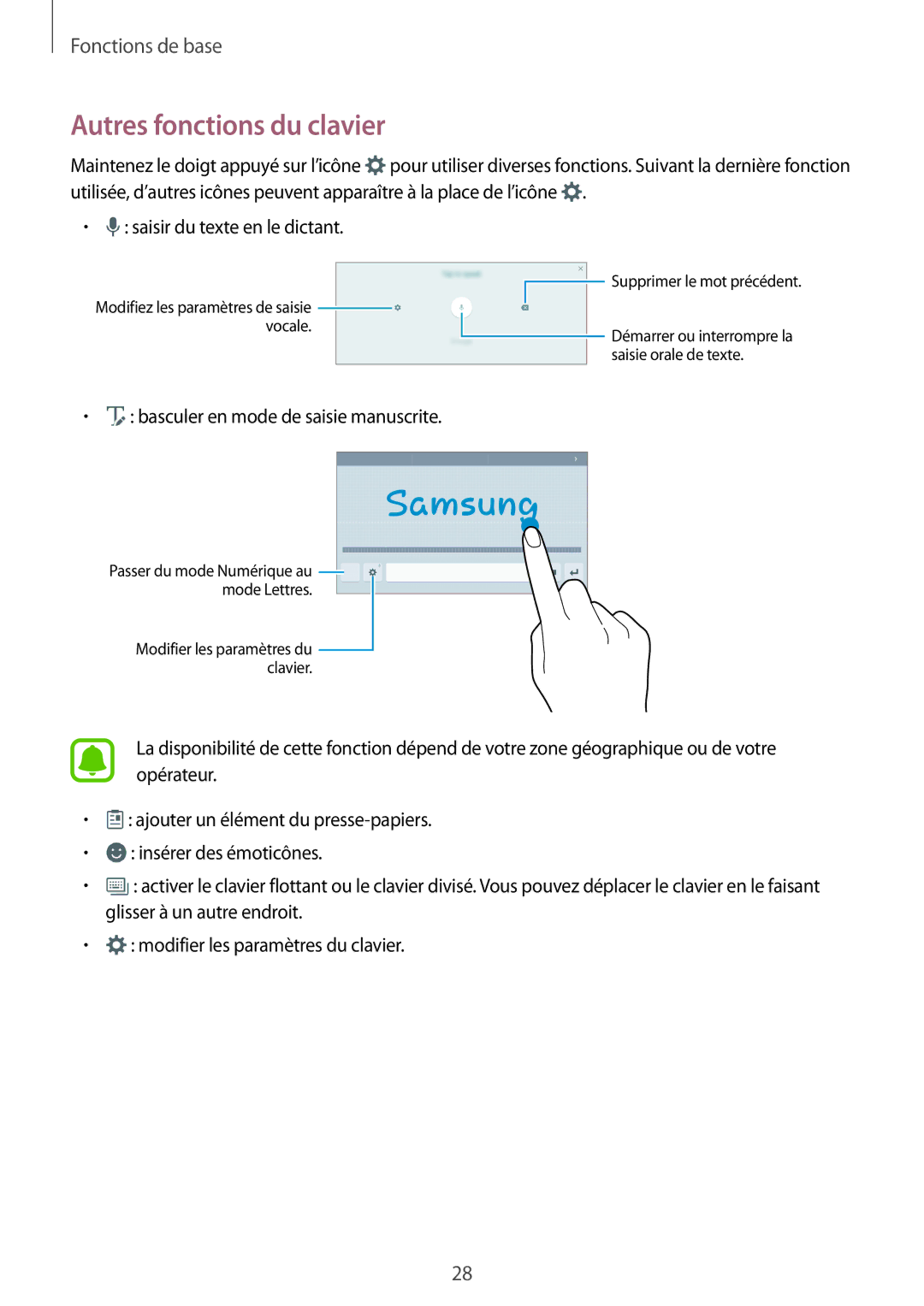 Samsung SM-T585NZWEXEF, SM-T585NZKEXEF, SM-T585NZWAXEF manual Autres fonctions du clavier 