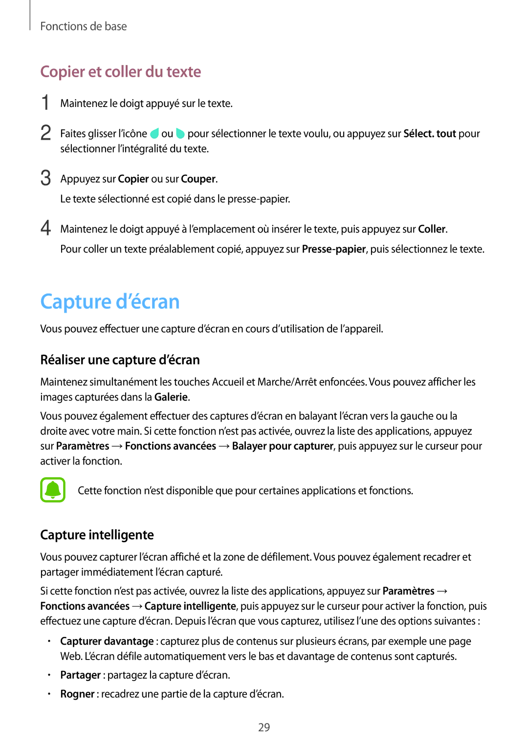 Samsung SM-T585NZWAXEF Capture d’écran, Copier et coller du texte, Réaliser une capture d’écran, Capture intelligente 