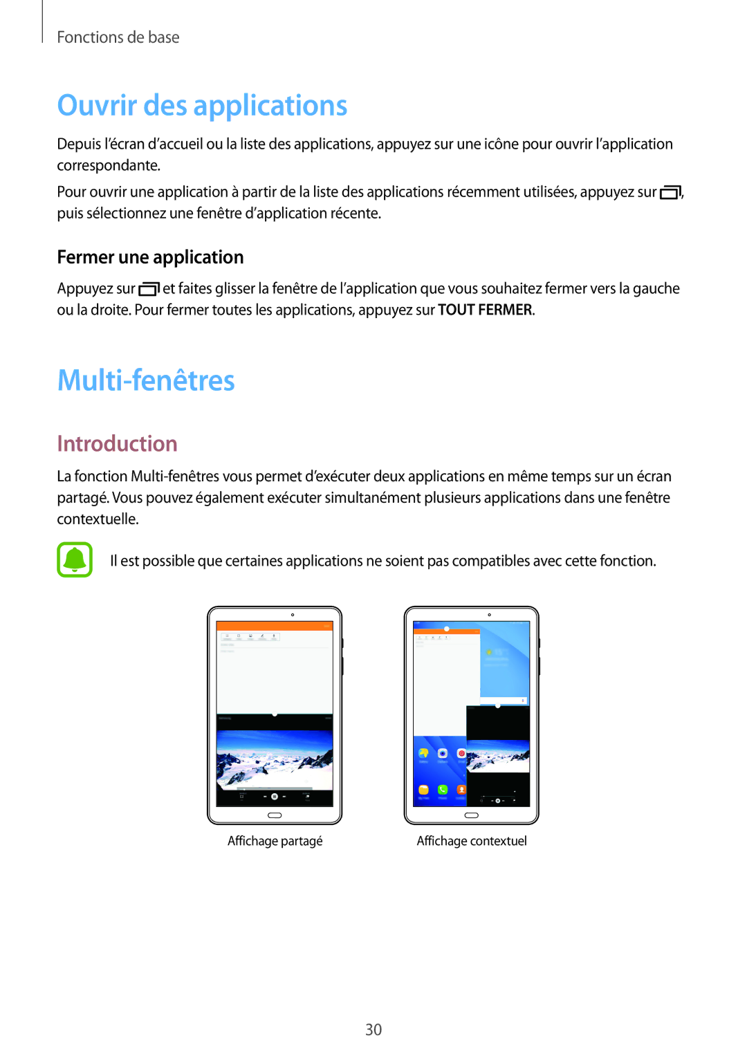 Samsung SM-T585NZKEXEF, SM-T585NZWEXEF manual Ouvrir des applications, Multi-fenêtres, Introduction, Fermer une application 