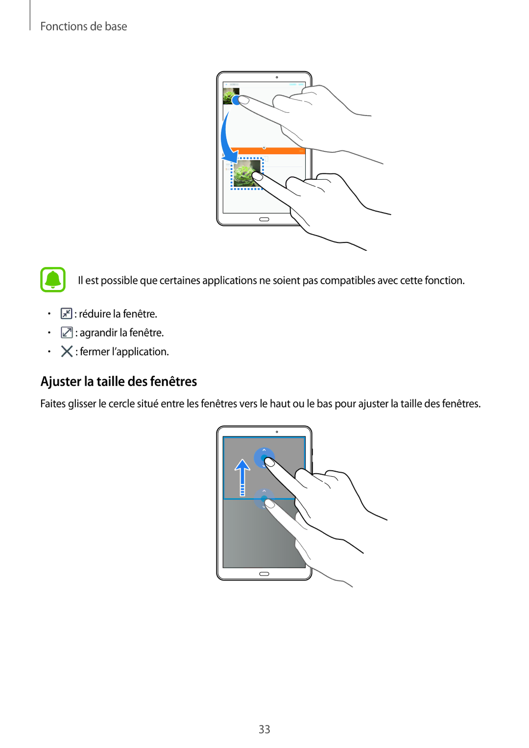 Samsung SM-T585NZKEXEF, SM-T585NZWEXEF, SM-T585NZWAXEF manual Ajuster la taille des fenêtres 