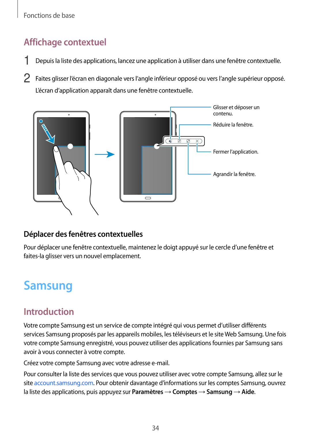 Samsung SM-T585NZWEXEF, SM-T585NZKEXEF, SM-T585NZWAXEF Samsung, Affichage contextuel, Déplacer des fenêtres contextuelles 