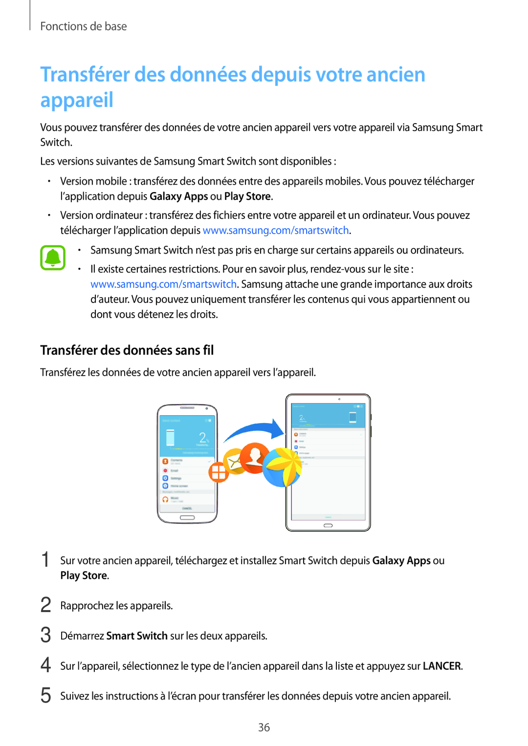 Samsung SM-T585NZKEXEF manual Transférer des données depuis votre ancien appareil, Transférer des données sans fil 