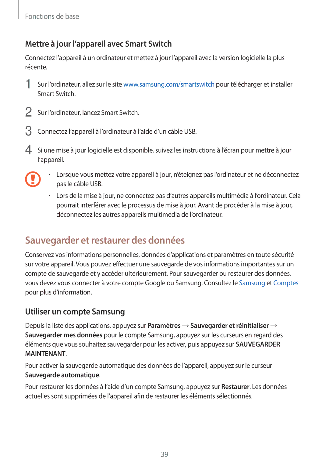 Samsung SM-T585NZKEXEF, SM-T585NZWEXEF Sauvegarder et restaurer des données, Mettre à jour l’appareil avec Smart Switch 