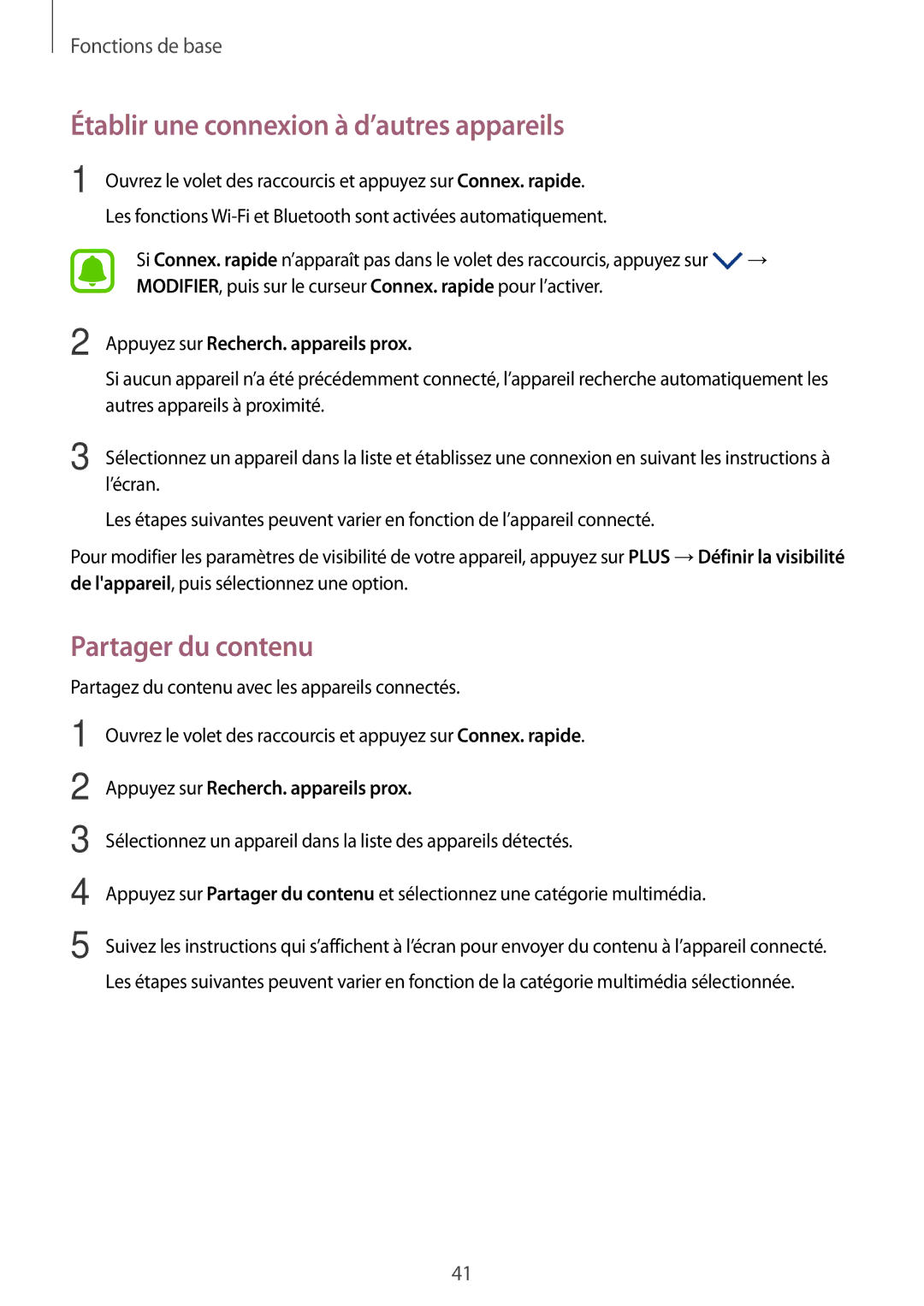 Samsung SM-T585NZWAXEF, SM-T585NZKEXEF, SM-T585NZWEXEF manual Établir une connexion à d’autres appareils, Partager du contenu 