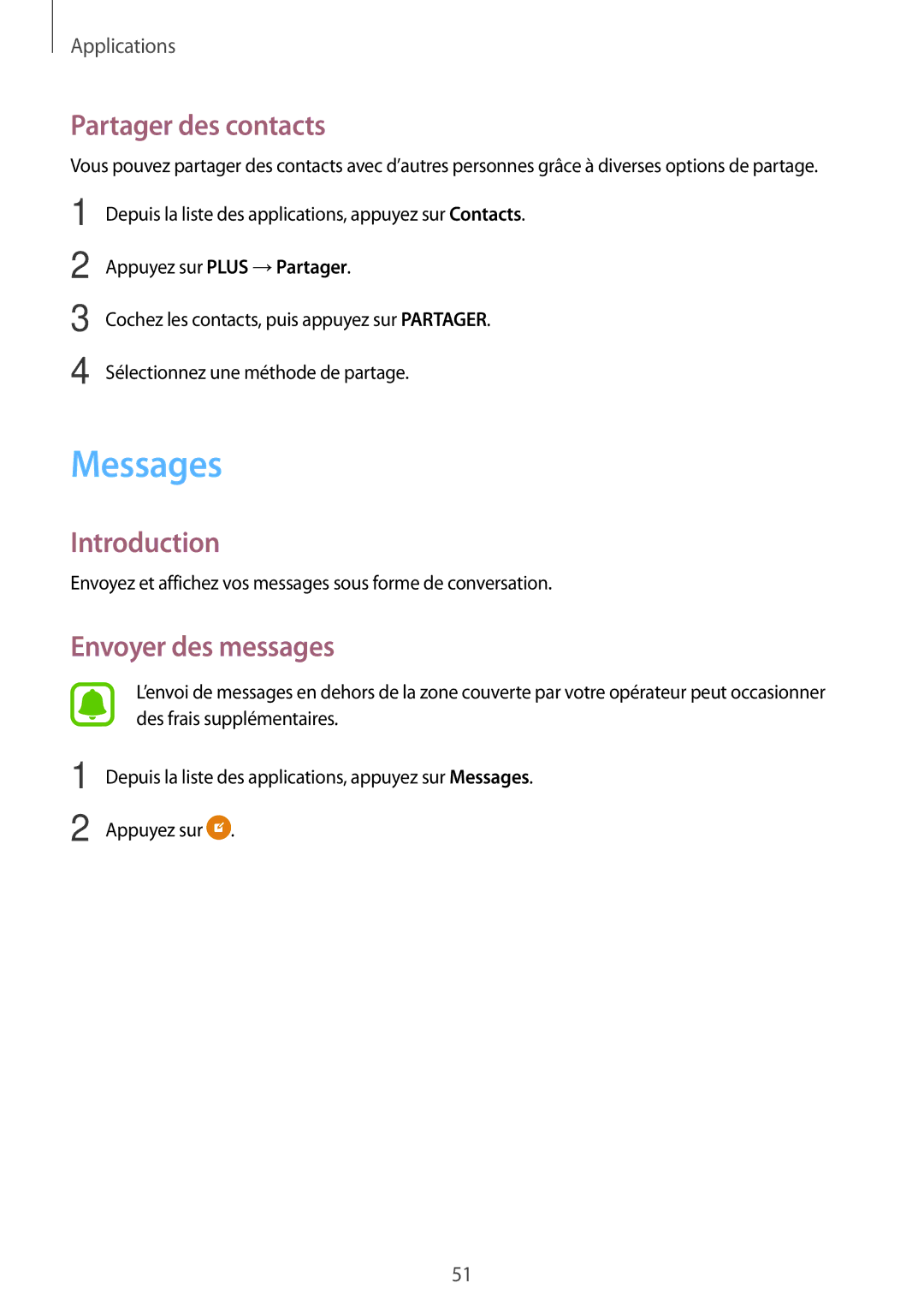 Samsung SM-T585NZKEXEF, SM-T585NZWEXEF, SM-T585NZWAXEF manual Messages, Partager des contacts, Envoyer des messages 