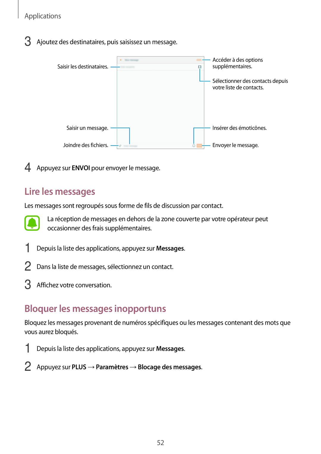 Samsung SM-T585NZWEXEF, SM-T585NZKEXEF, SM-T585NZWAXEF manual Lire les messages, Bloquer les messages inopportuns 