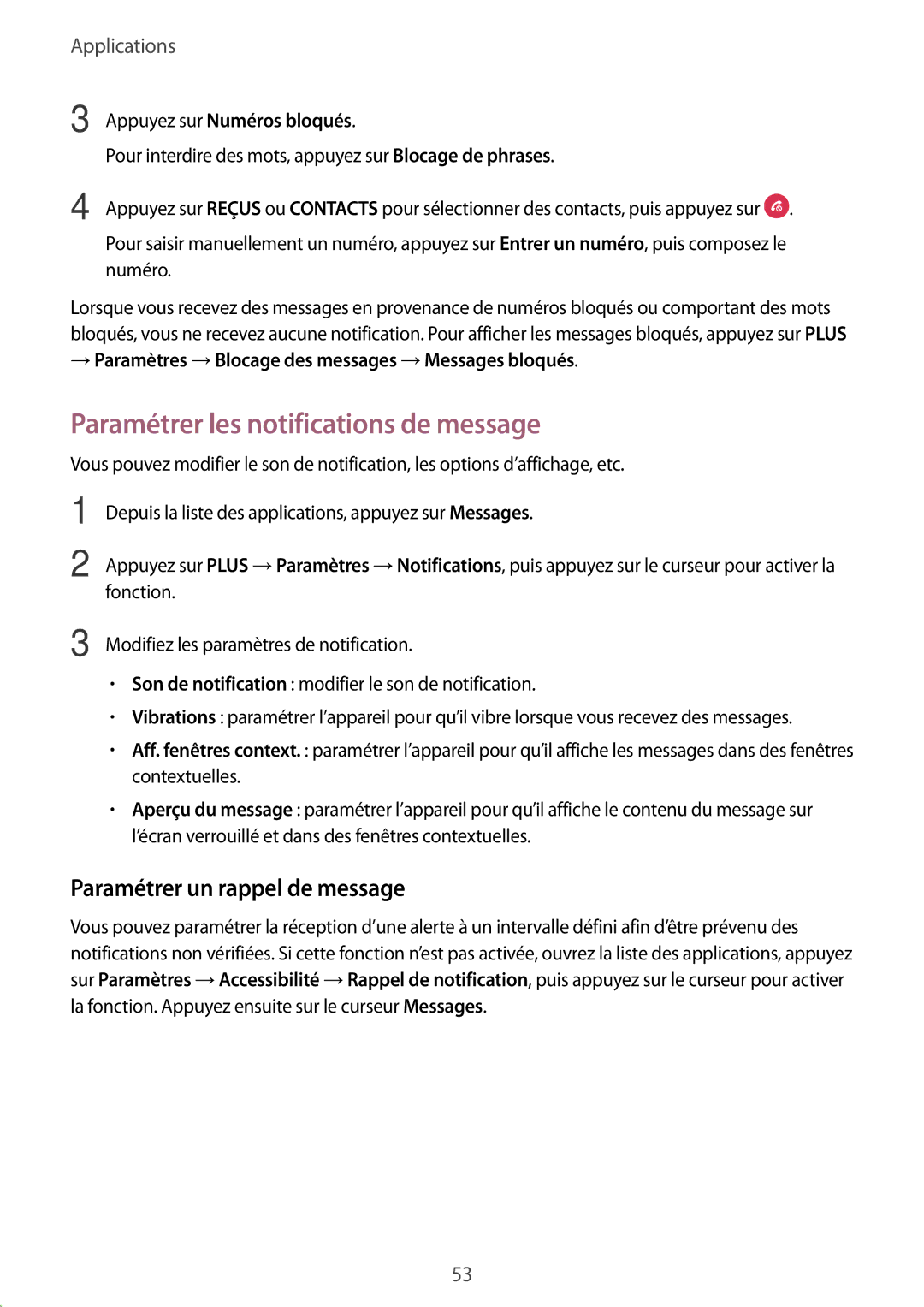 Samsung SM-T585NZWAXEF, SM-T585NZKEXEF manual Paramétrer les notifications de message, Paramétrer un rappel de message 