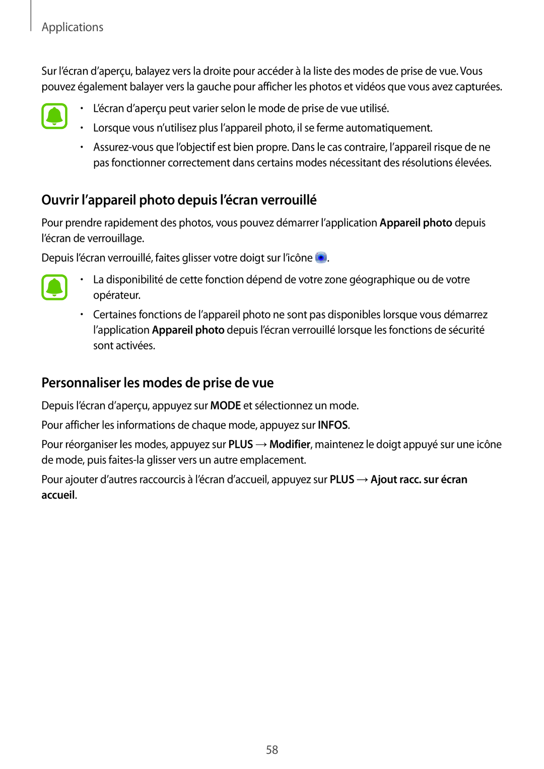 Samsung SM-T585NZWEXEF manual Ouvrir l’appareil photo depuis l’écran verrouillé, Personnaliser les modes de prise de vue 