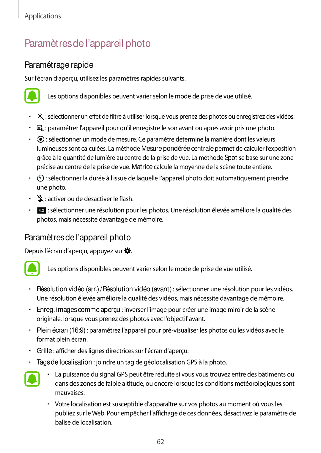 Samsung SM-T585NZWAXEF, SM-T585NZKEXEF, SM-T585NZWEXEF manual Paramètres de l’appareil photo, Paramétrage rapide 