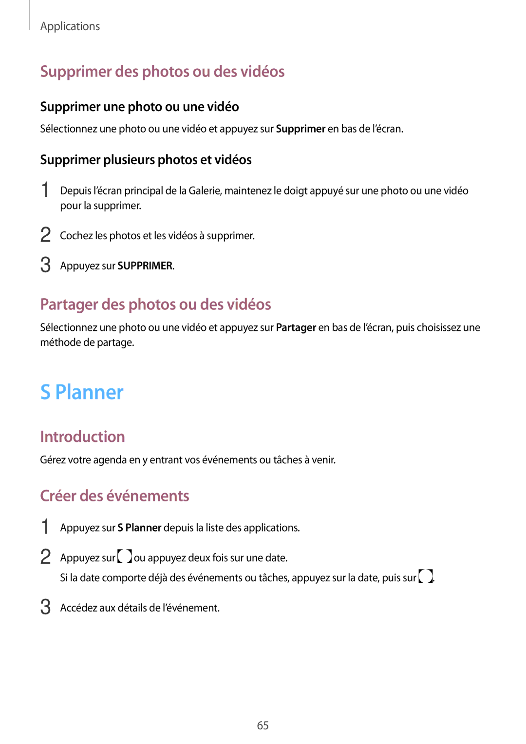 Samsung SM-T585NZWAXEF, SM-T585NZKEXEF manual Planner, Supprimer des photos ou des vidéos, Partager des photos ou des vidéos 