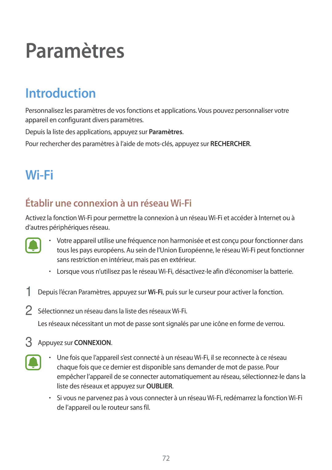 Samsung SM-T585NZKEXEF, SM-T585NZWEXEF, SM-T585NZWAXEF manual Introduction, Établir une connexion à un réseau Wi-Fi 