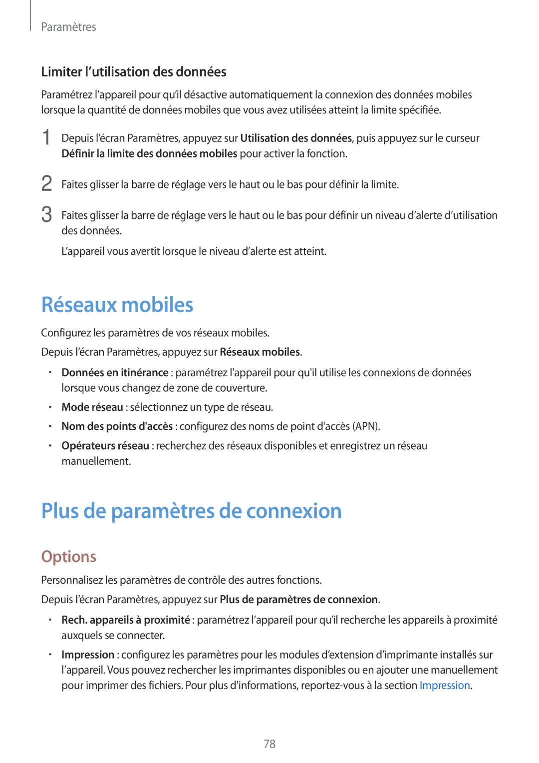 Samsung SM-T585NZKEXEF manual Réseaux mobiles, Plus de paramètres de connexion, Options, Limiter l’utilisation des données 