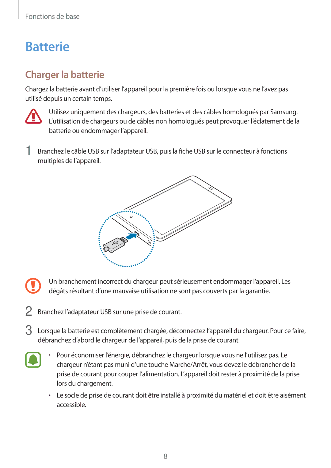 Samsung SM-T585NZWAXEF, SM-T585NZKEXEF, SM-T585NZWEXEF manual Batterie, Charger la batterie 