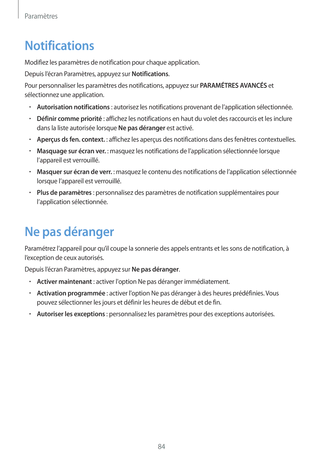 Samsung SM-T585NZKEXEF, SM-T585NZWEXEF, SM-T585NZWAXEF manual Notifications, Ne pas déranger 