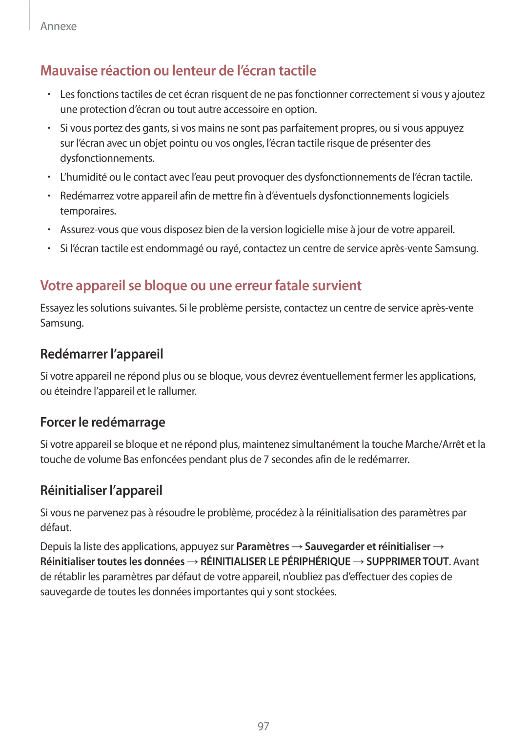 Samsung SM-T585NZWEXEF, SM-T585NZKEXEF, SM-T585NZWAXEF manual Forcer le redémarrage, Réinitialiser l’appareil 