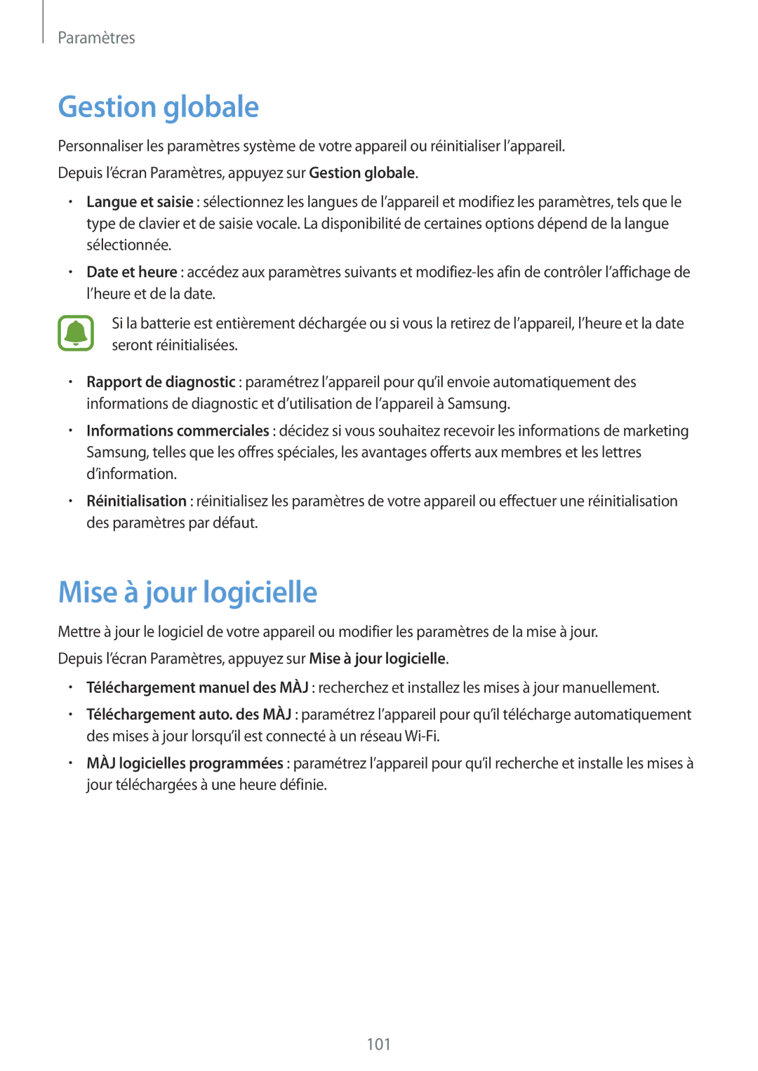 Samsung SM-T585NZWAXEF, SM-T585NZKEXEF, SM-T585NZWEXEF manual Gestion globale, Mise à jour logicielle 