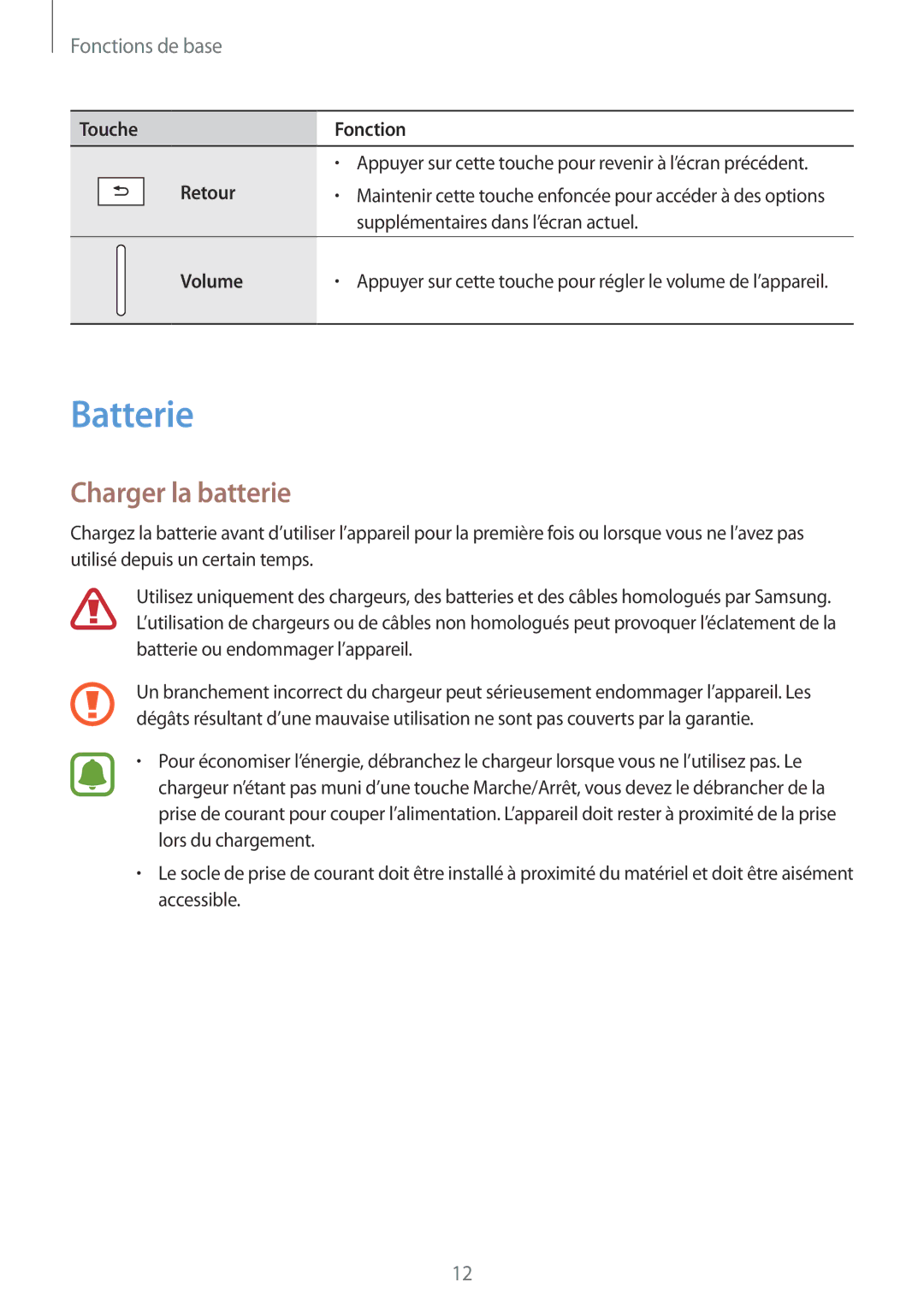 Samsung SM-T585NZKEXEF, SM-T585NZWEXEF Batterie, Charger la batterie, Retour, Supplémentaires dans l’écran actuel, Volume 