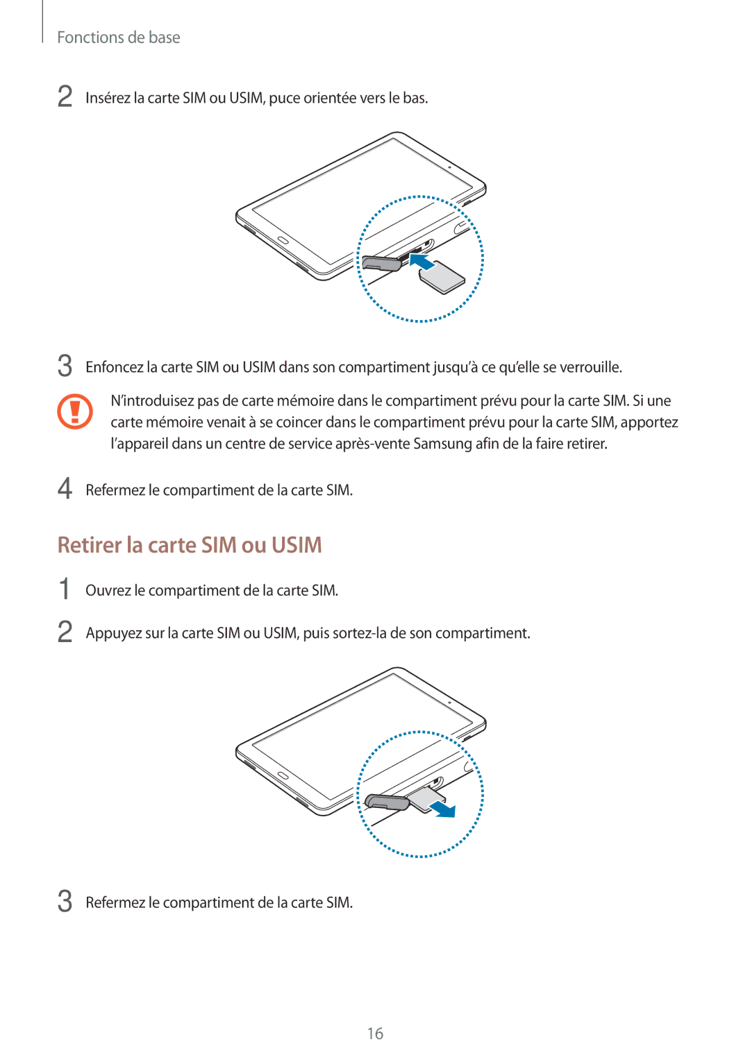 Samsung SM-T585NZWEXEF, SM-T585NZKEXEF, SM-T585NZWAXEF manual Retirer la carte SIM ou Usim 