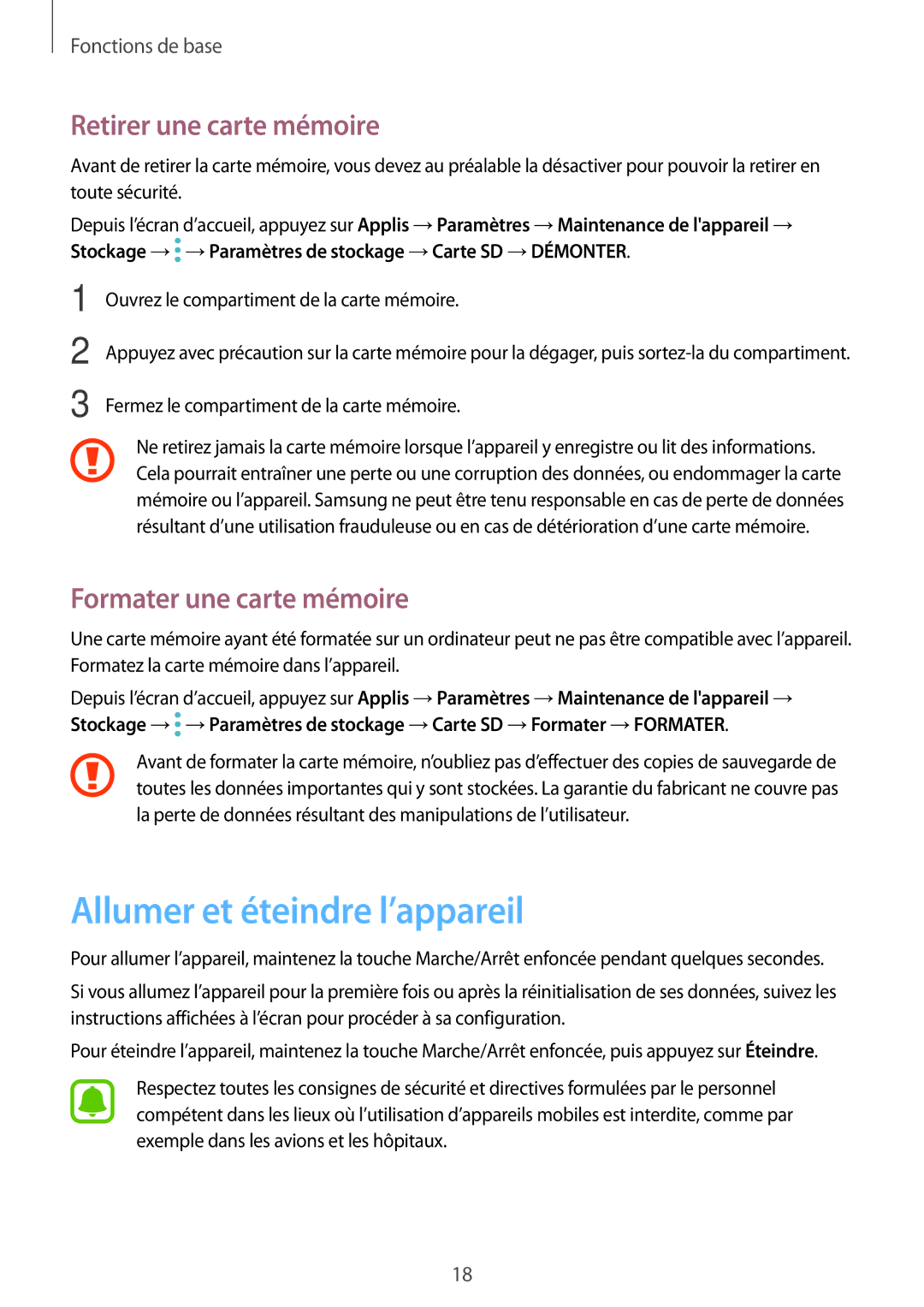 Samsung SM-T585NZKEXEF manual Allumer et éteindre l’appareil, Retirer une carte mémoire, Formater une carte mémoire 