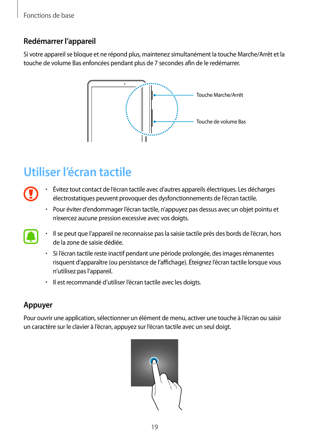 Samsung SM-T585NZWEXEF, SM-T585NZKEXEF, SM-T585NZWAXEF manual Utiliser l’écran tactile, Redémarrer l’appareil, Appuyer 