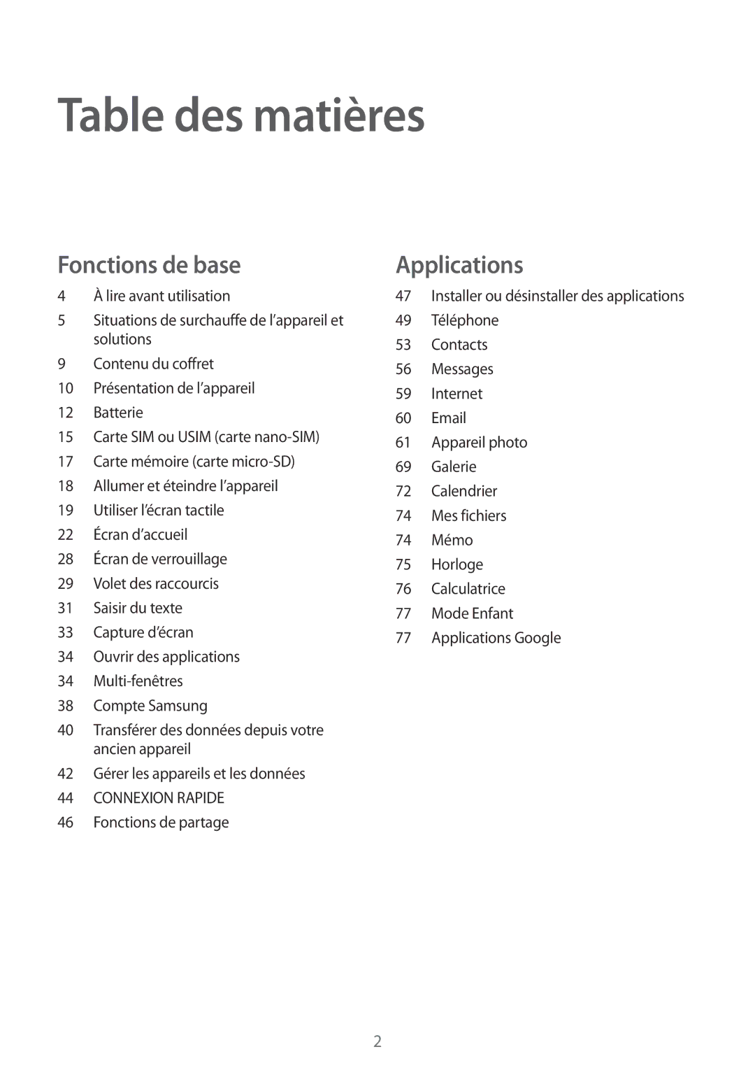 Samsung SM-T585NZWAXEF, SM-T585NZKEXEF, SM-T585NZWEXEF manual Table des matières 