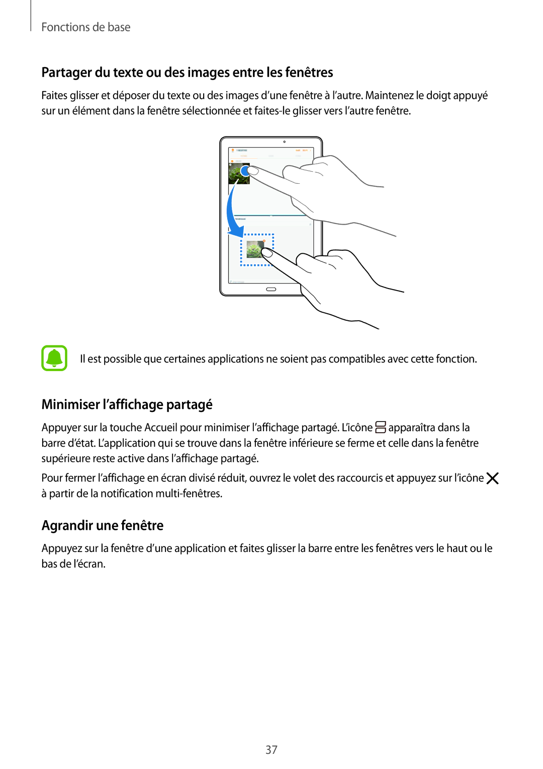 Samsung SM-T585NZWEXEF, SM-T585NZKEXEF Partager du texte ou des images entre les fenêtres, Minimiser l’affichage partagé 