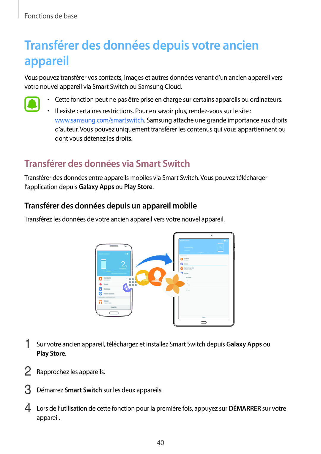 Samsung SM-T585NZWEXEF manual Transférer des données depuis votre ancien appareil, Transférer des données via Smart Switch 