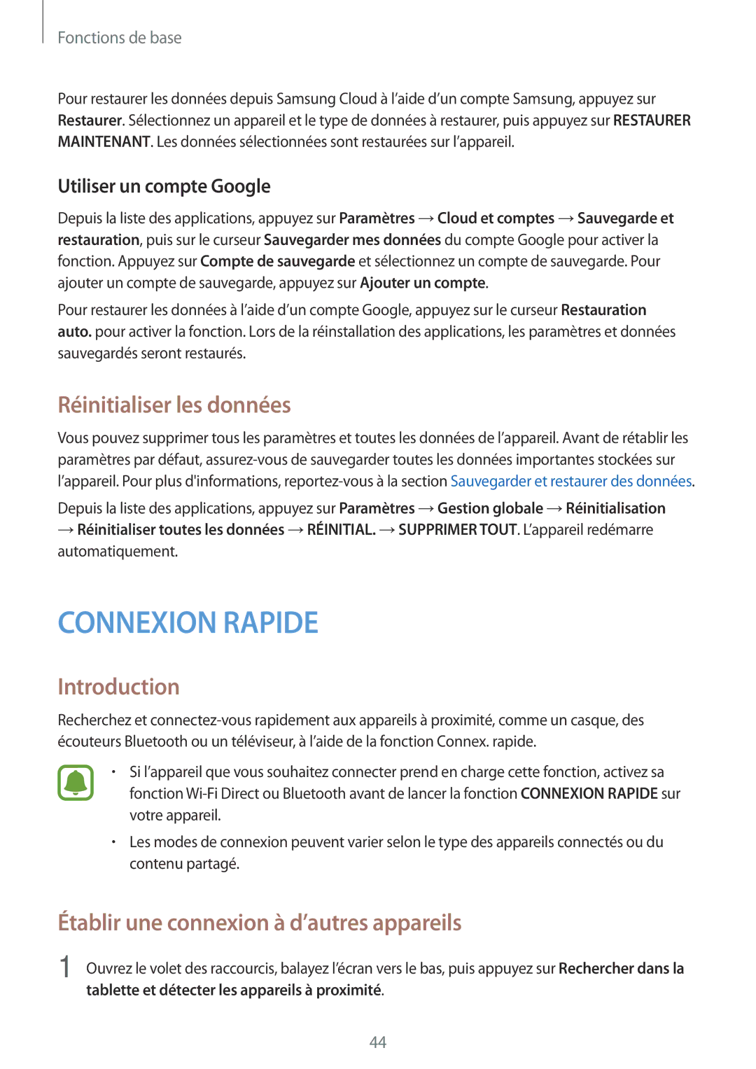 Samsung SM-T585NZWAXEF Réinitialiser les données, Établir une connexion à d’autres appareils, Utiliser un compte Google 