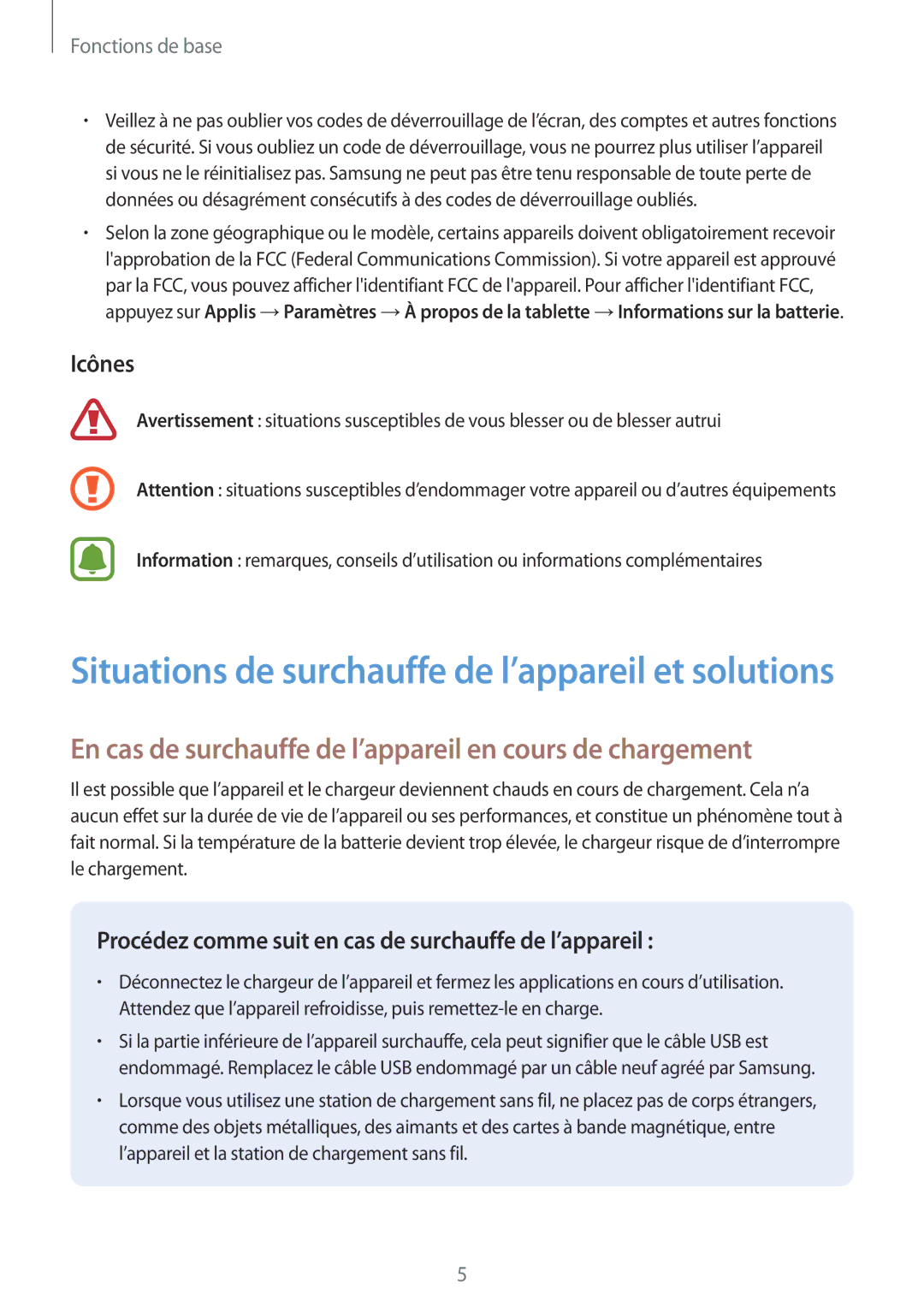 Samsung SM-T585NZWAXEF, SM-T585NZKEXEF, SM-T585NZWEXEF En cas de surchauffe de l’appareil en cours de chargement, Icônes 