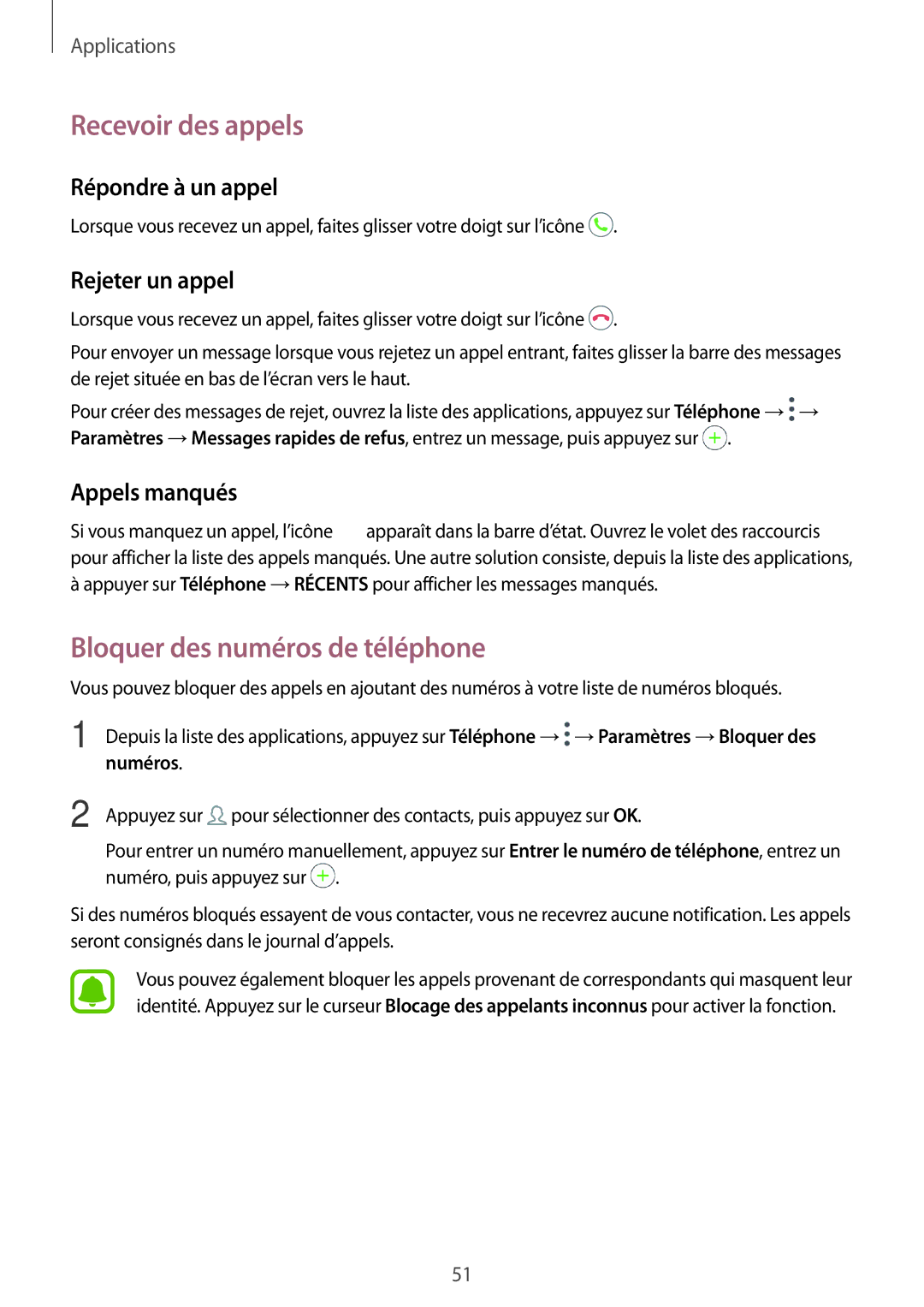 Samsung SM-T585NZKEXEF manual Recevoir des appels, Bloquer des numéros de téléphone, Répondre à un appel, Rejeter un appel 