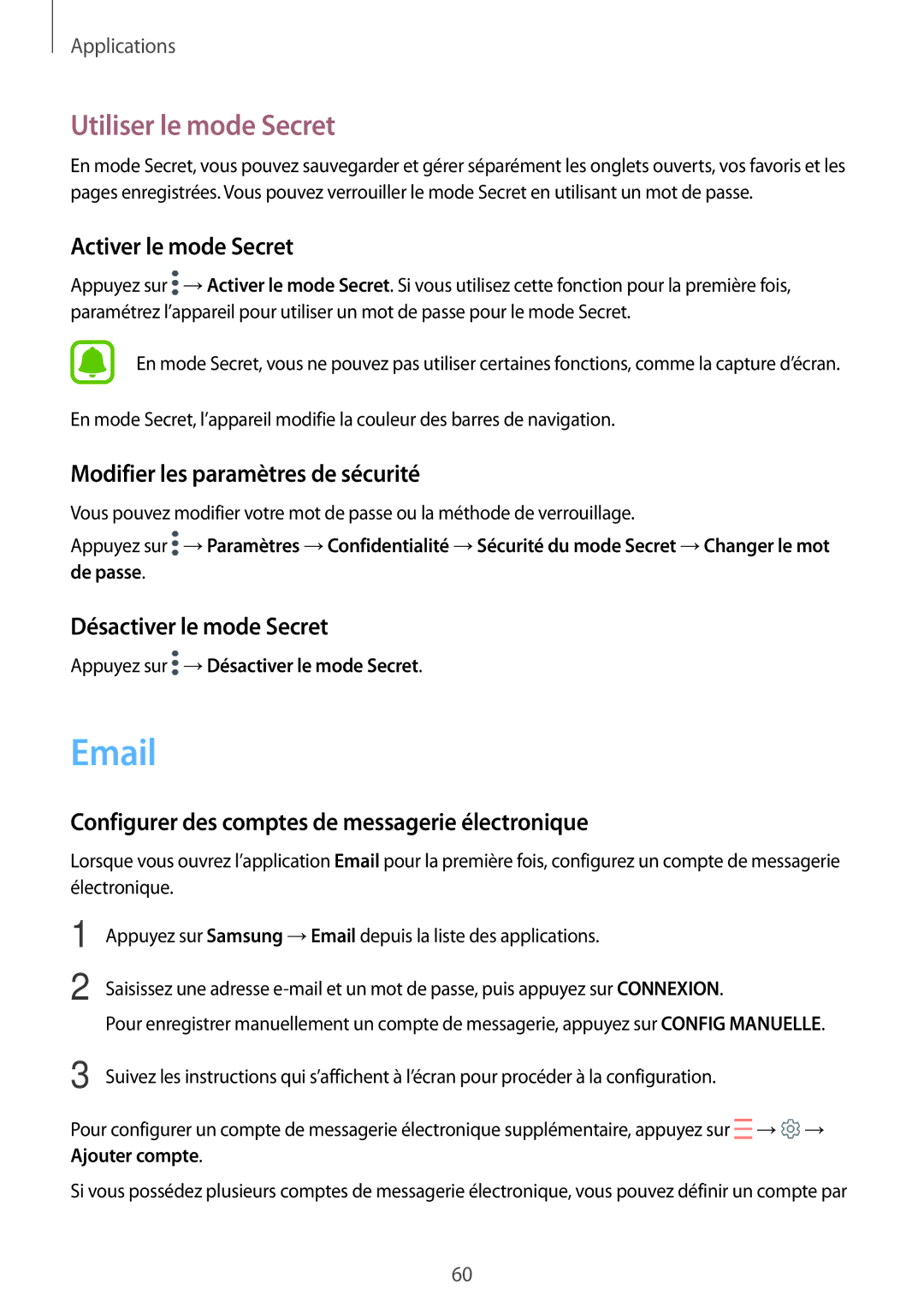 Samsung SM-T585NZKEXEF manual Utiliser le mode Secret, Activer le mode Secret, Modifier les paramètres de sécurité 