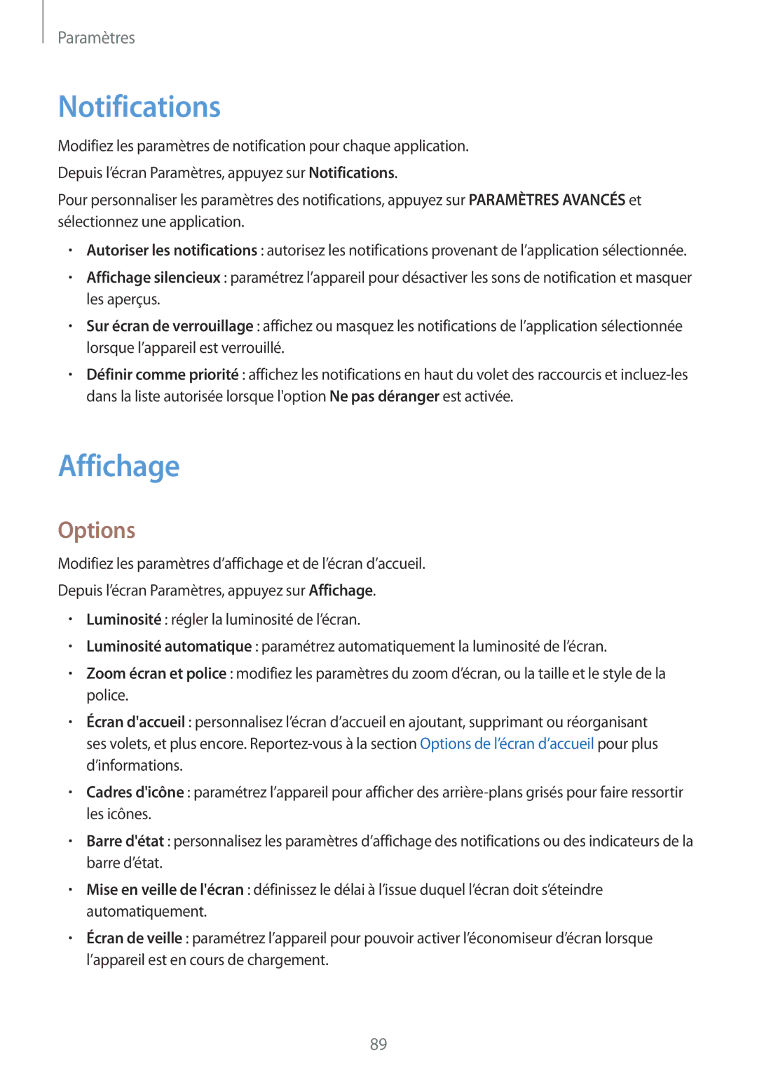 Samsung SM-T585NZWAXEF, SM-T585NZKEXEF, SM-T585NZWEXEF manual Notifications, Affichage, Options 