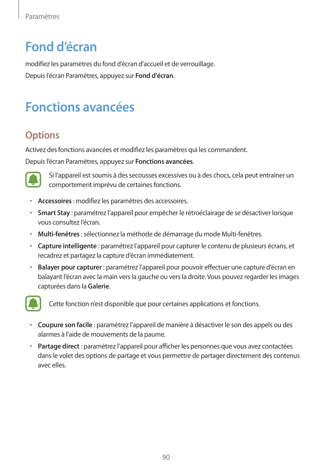 Samsung SM-T585NZKEXEF, SM-T585NZWEXEF, SM-T585NZWAXEF manual Fond d’écran, Fonctions avancées 