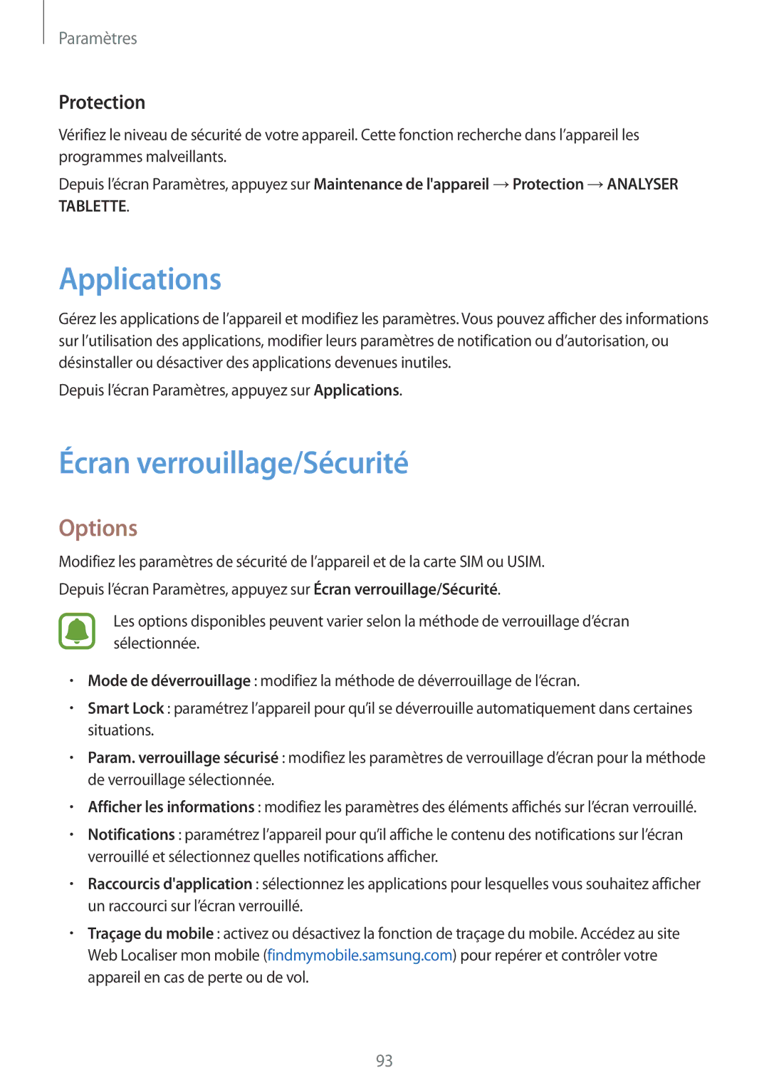 Samsung SM-T585NZKEXEF, SM-T585NZWEXEF, SM-T585NZWAXEF manual Applications, Écran verrouillage/Sécurité, Protection 