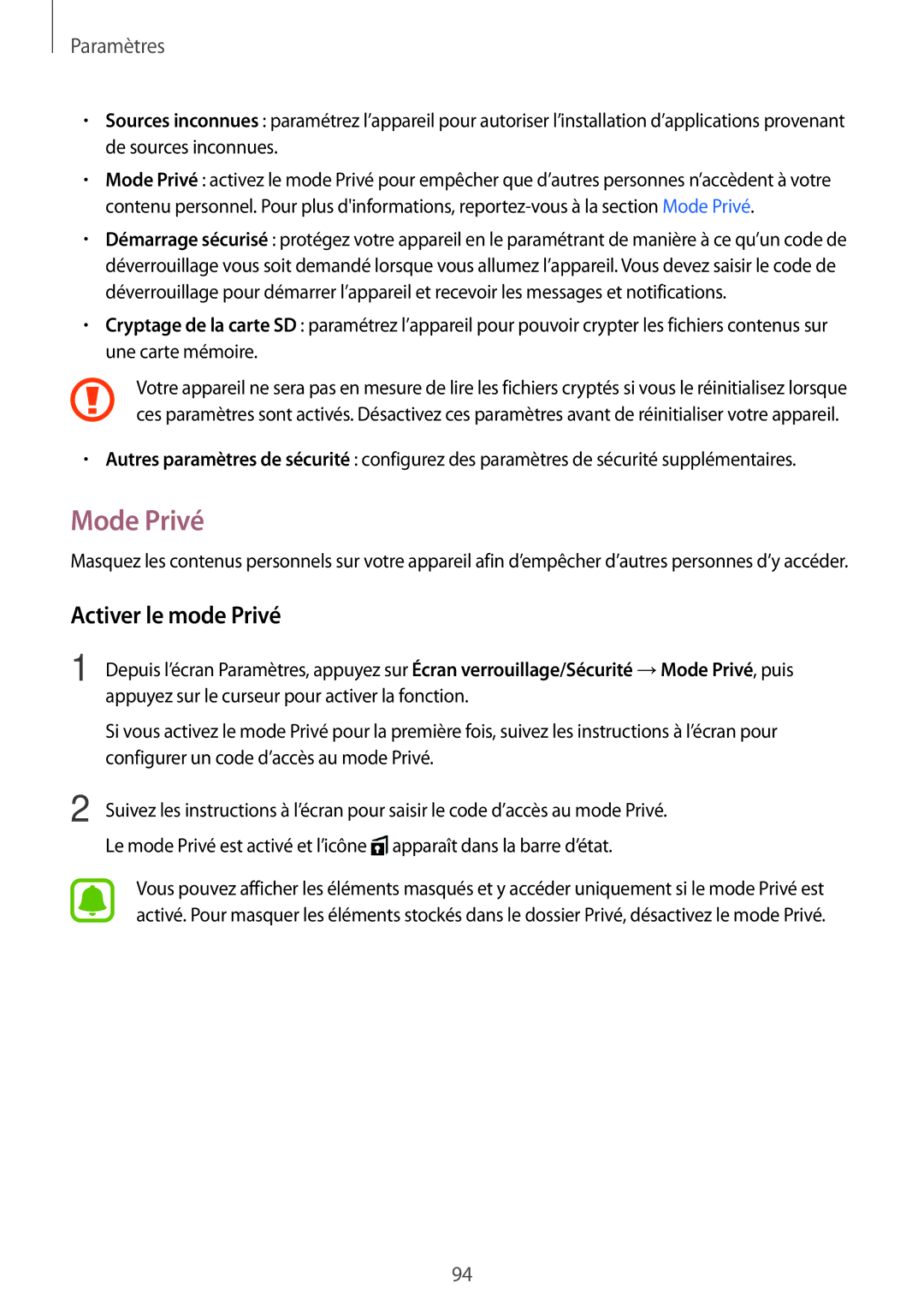 Samsung SM-T585NZWEXEF, SM-T585NZKEXEF, SM-T585NZWAXEF manual Mode Privé, Activer le mode Privé 