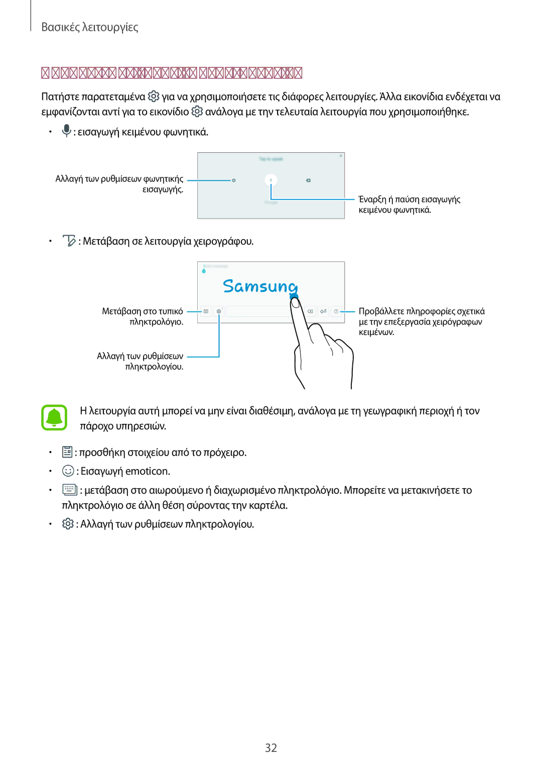 Samsung SM-T585NZWAEUR, SM-T585NZKAEUR manual Πρόσθετες λειτουργίες πληκτρολογίου, Μετάβαση σε λειτουργία χειρογράφου 