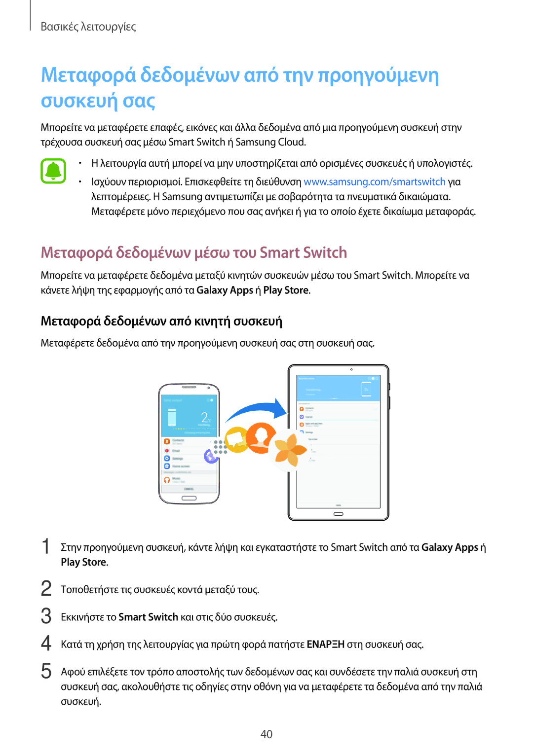 Samsung SM-T585NZWAEUR manual Μεταφορά δεδομένων από την προηγούμενη συσκευή σας, Μεταφορά δεδομένων μέσω του Smart Switch 