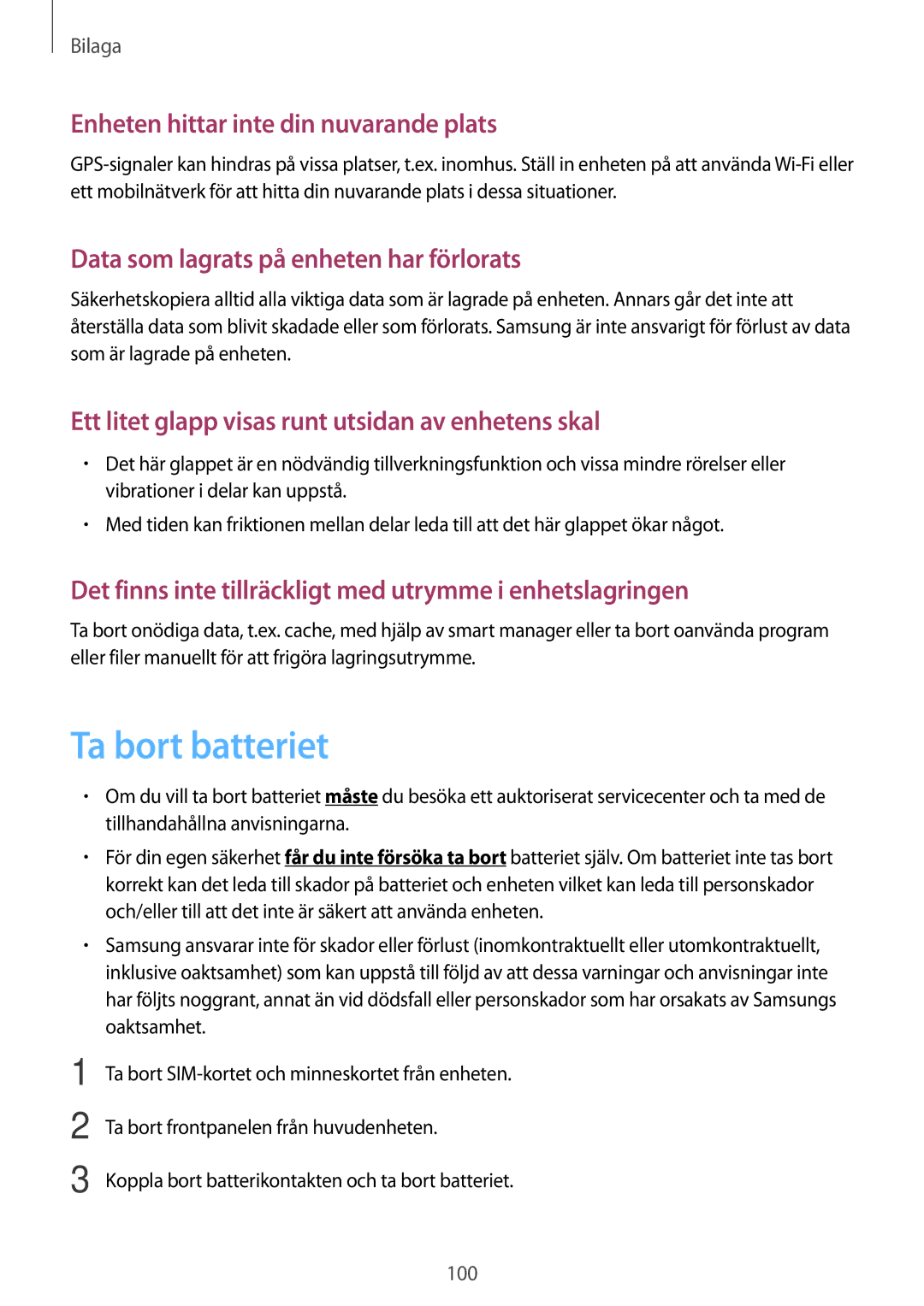 Samsung SM-T585NZWANEE, SM-T585NZWENEE, SM-T585NZKANEE manual Ta bort batteriet, Enheten hittar inte din nuvarande plats 