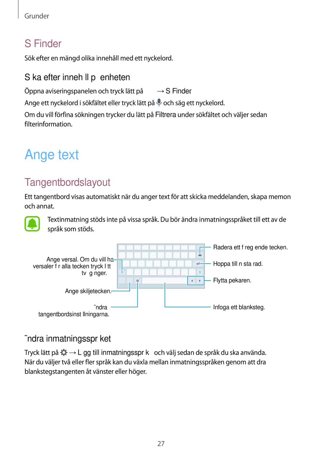 Samsung SM-T585NZKENEE Ange text, Finder, Tangentbordslayout, Söka efter innehåll på enheten, Ändra inmatningsspråket 