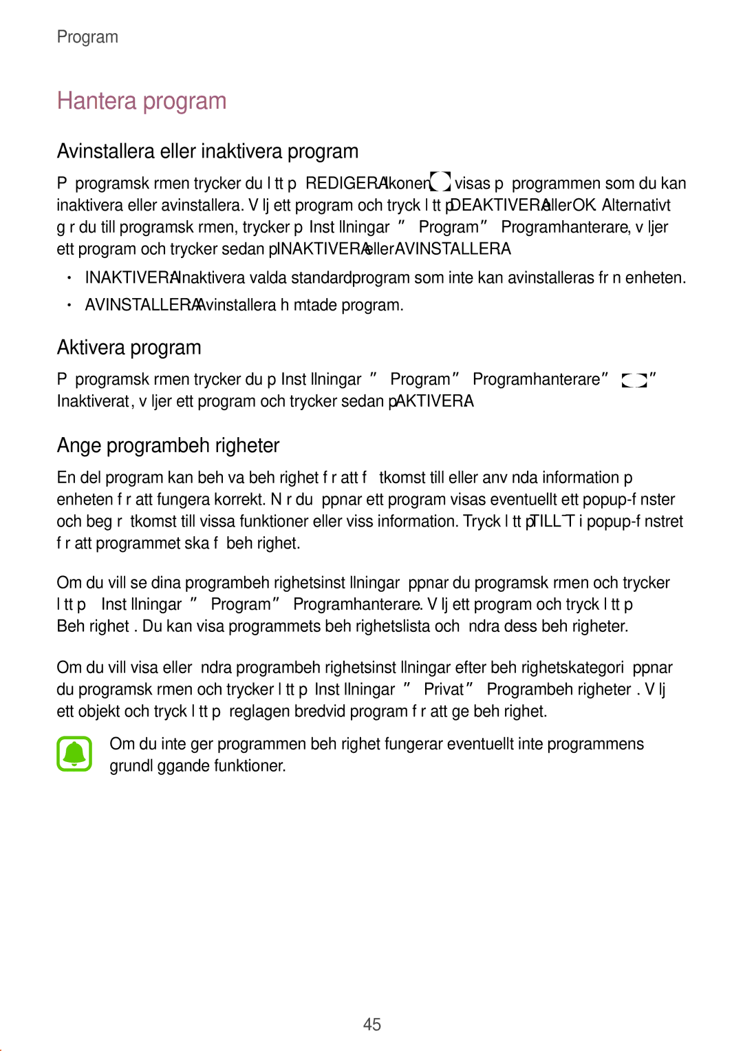 Samsung SM-T585NZWENEE Hantera program, Avinstallera eller inaktivera program, Aktivera program, Ange programbehörigheter 
