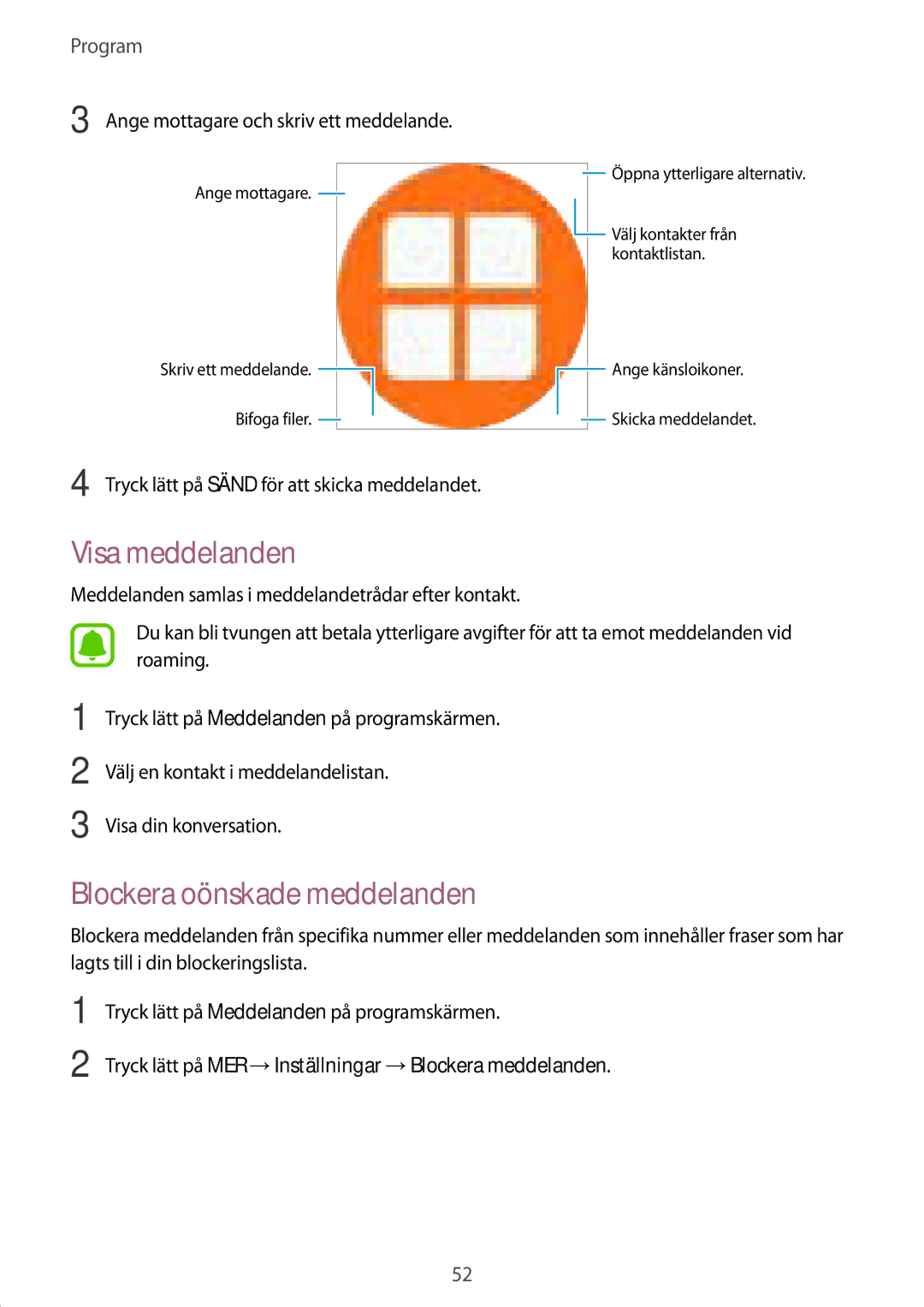 Samsung SM-T585NZWANEE manual Visa meddelanden, Blockera oönskade meddelanden, Ange mottagare och skriv ett meddelande 