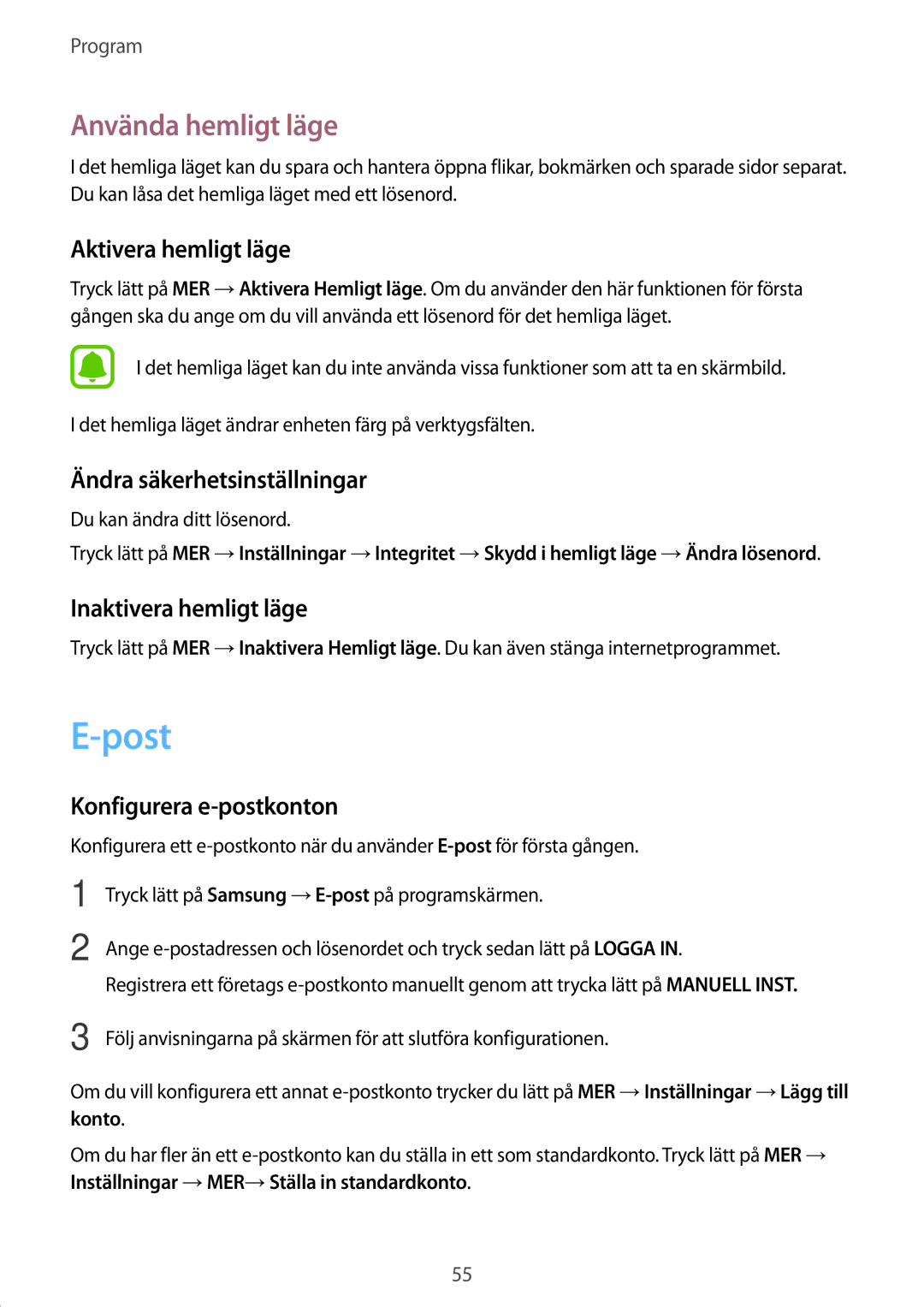 Samsung SM-T585NZKENEE, SM-T585NZWANEE, SM-T585NZWENEE, SM-T585NZKANEE manual Post, Använda hemligt läge 