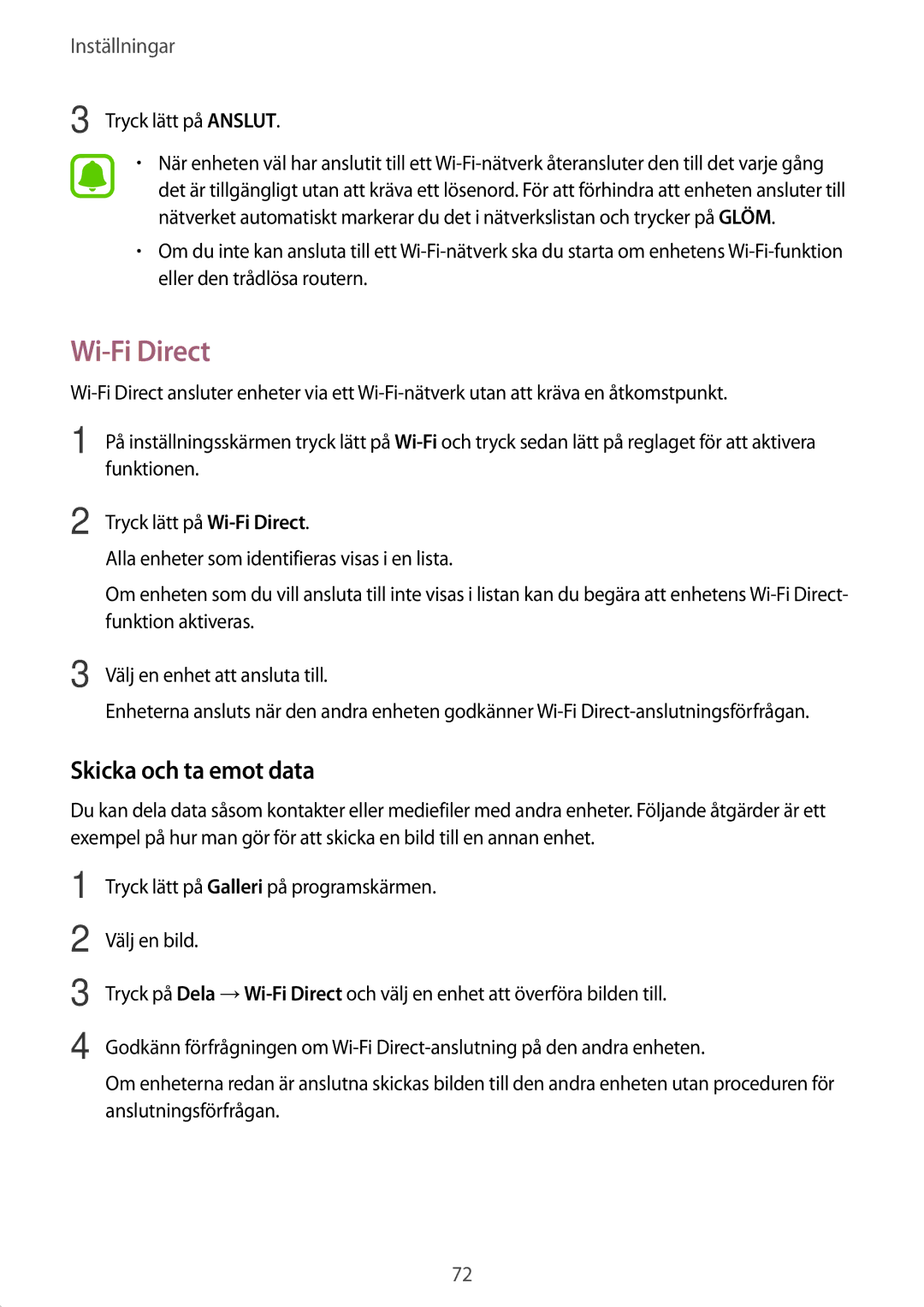 Samsung SM-T585NZWANEE, SM-T585NZWENEE, SM-T585NZKANEE manual Wi-Fi Direct, Skicka och ta emot data, Tryck lätt på Anslut 