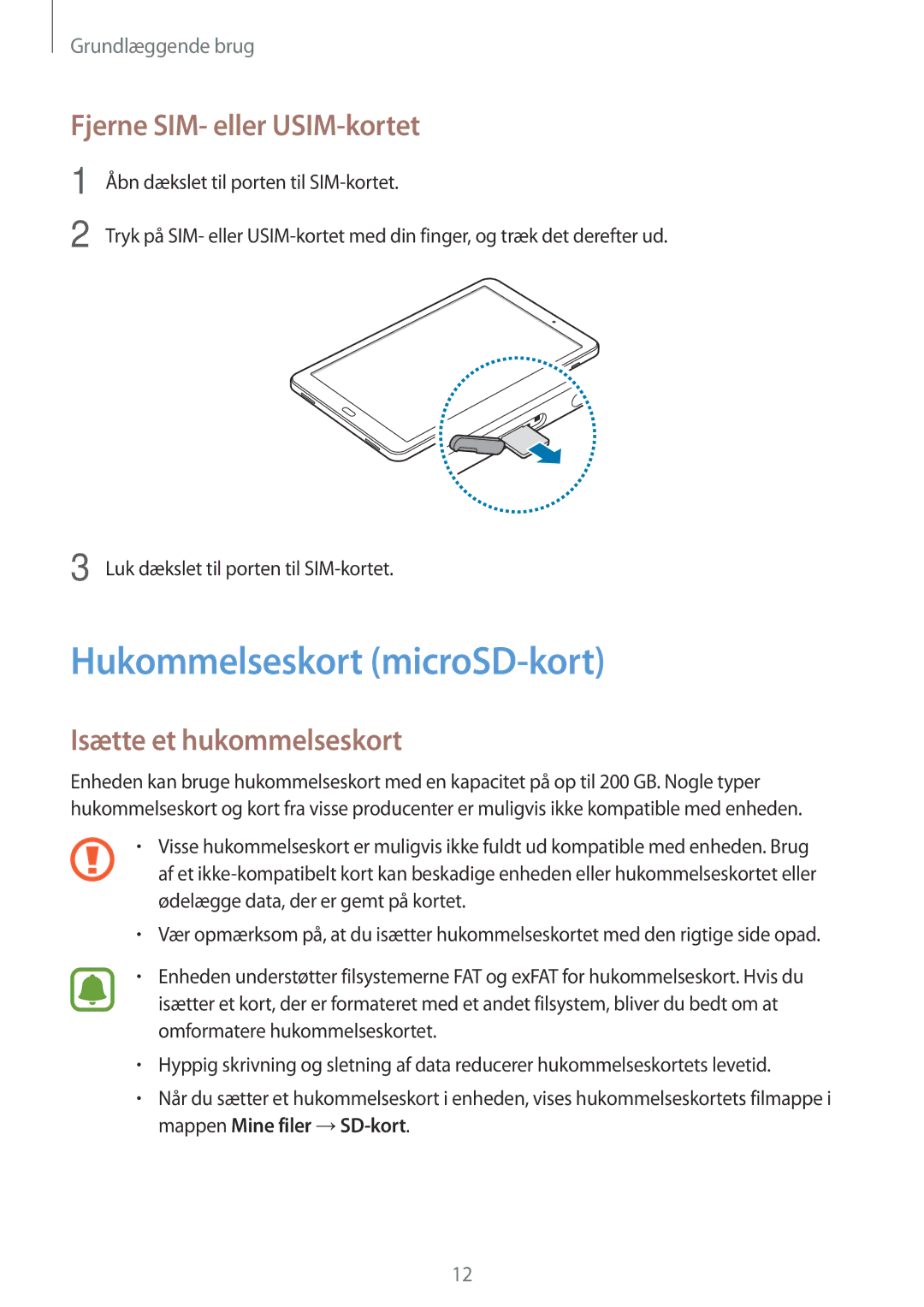 Samsung SM-T585NZWANEE manual Hukommelseskort microSD-kort, Fjerne SIM- eller USIM-kortet, Isætte et hukommelseskort 