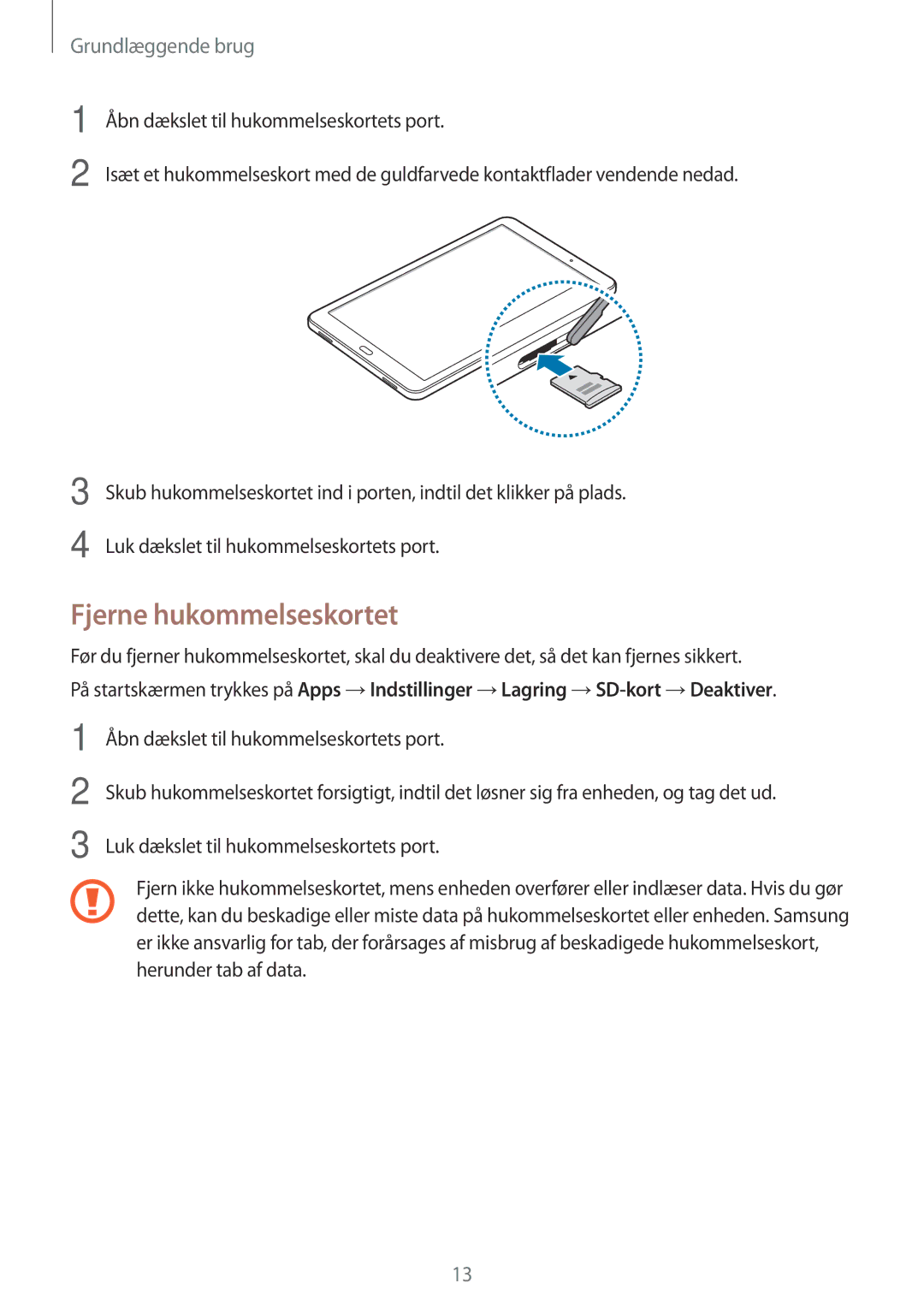 Samsung SM-T585NZWENEE, SM-T585NZWANEE, SM-T585NZKANEE, SM-T585NZKENEE manual Fjerne hukommelseskortet 