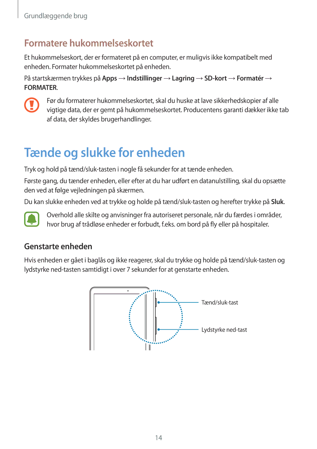 Samsung SM-T585NZKANEE, SM-T585NZWANEE manual Tænde og slukke for enheden, Formatere hukommelseskortet, Genstarte enheden 