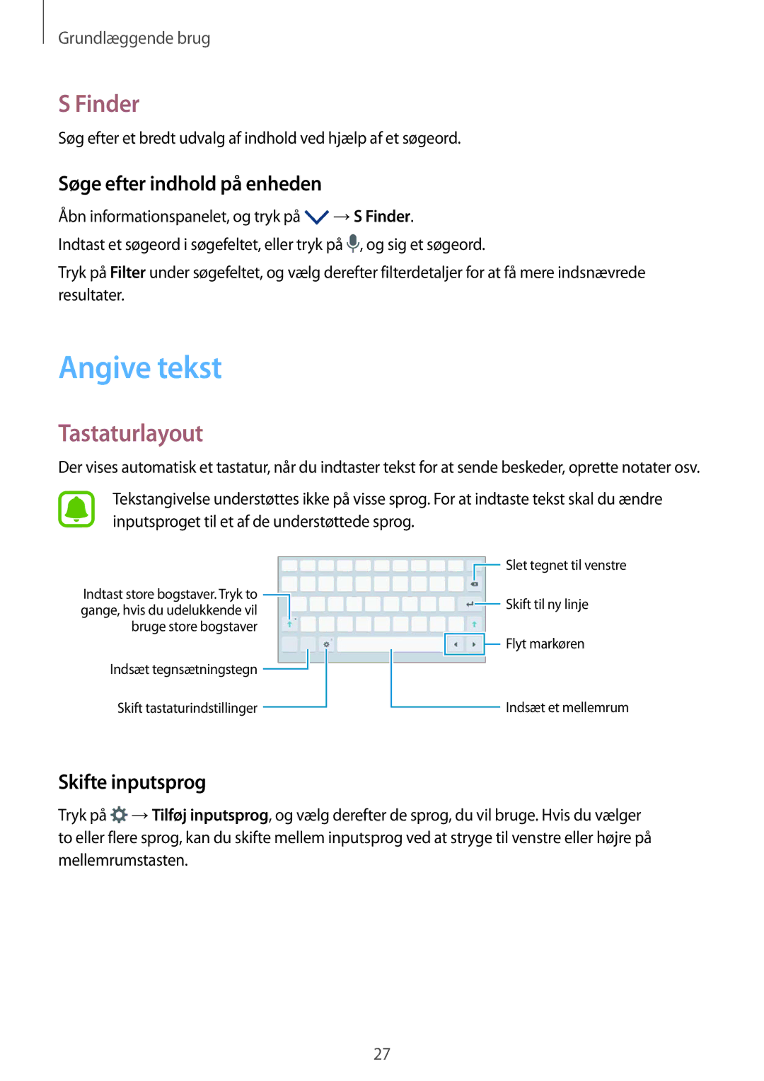 Samsung SM-T585NZKENEE manual Angive tekst, Finder, Tastaturlayout, Søge efter indhold på enheden, Skifte inputsprog 